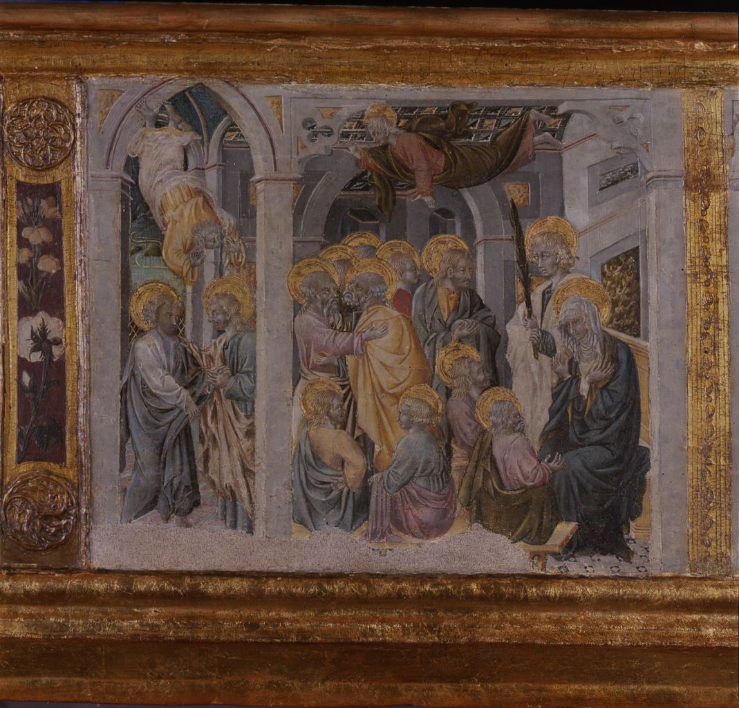 Polittico di San Galgano, Madonna con gli Apostoli/ Caduta di Simon Mago (scomparto di predella) di Giovanni di Paolo (sec. XV)