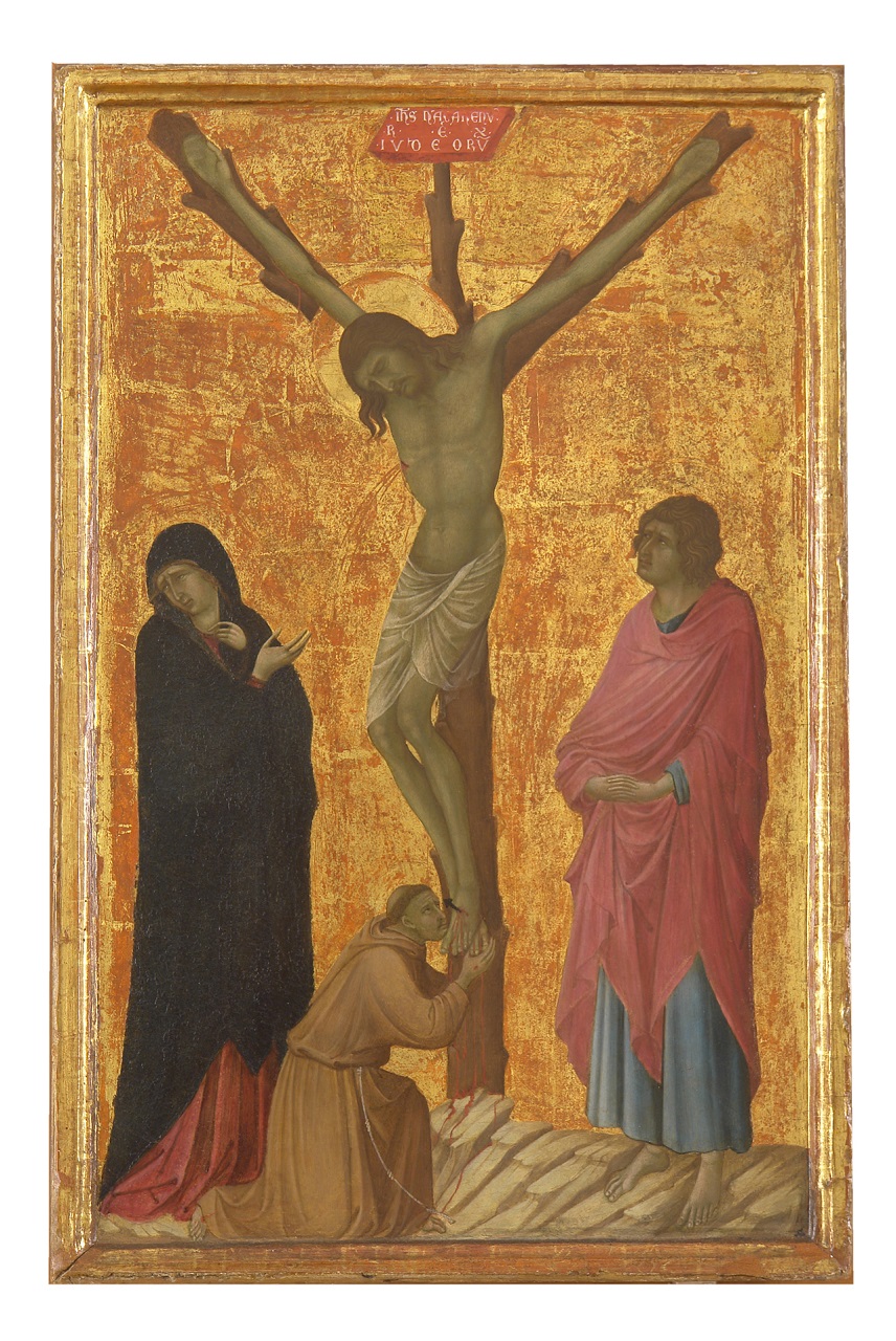 Cristo crocifisso con la Madonna, San Giovanni Evangelista e San Francesco d'Assisi (dipinto) di Ugolino di Nerio (sec. XIV)