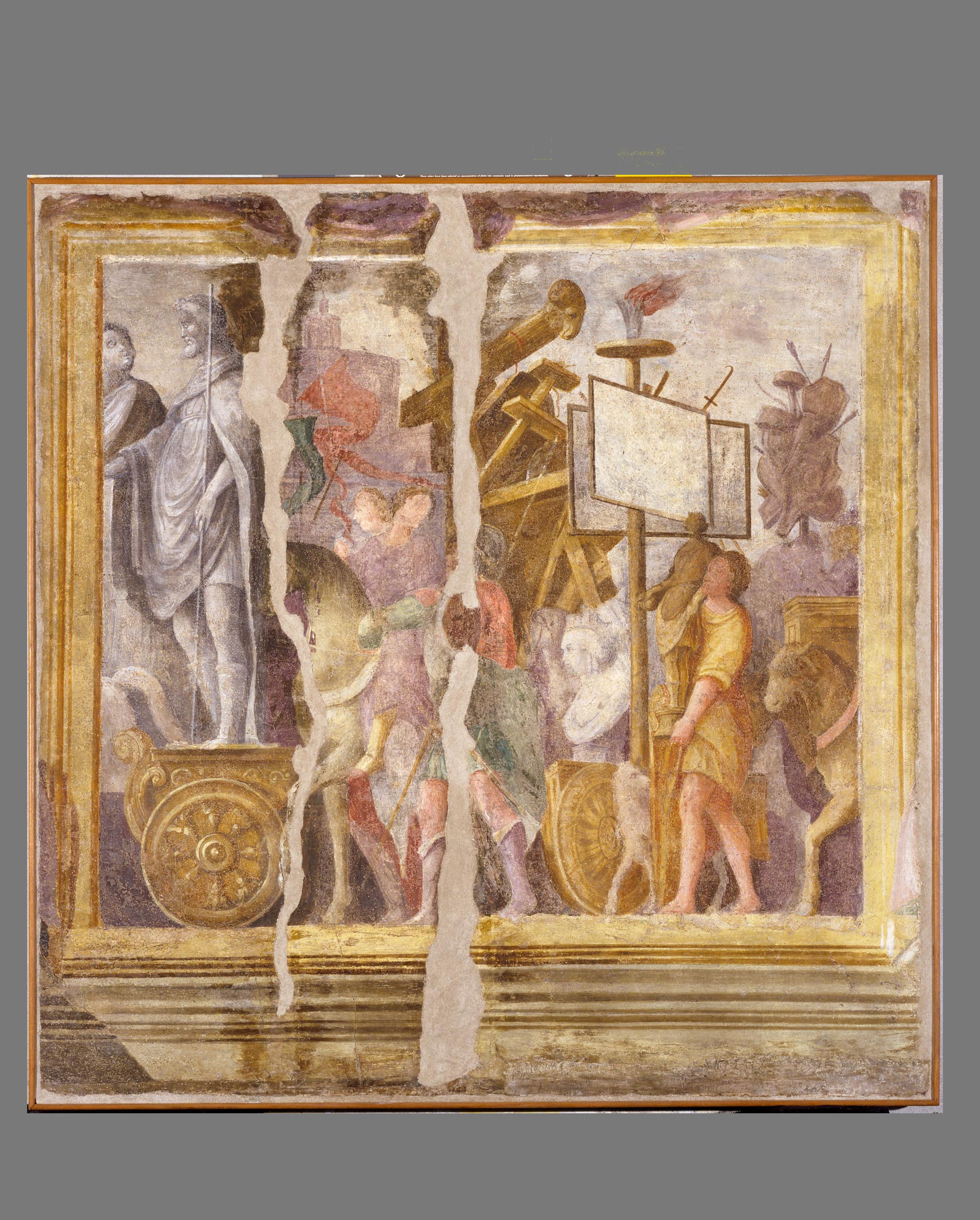 Carri trionfali, trofei e macchine belliche (dipinto, ciclo) di Dondi Ludovico (attribuito) (sec. XVI)