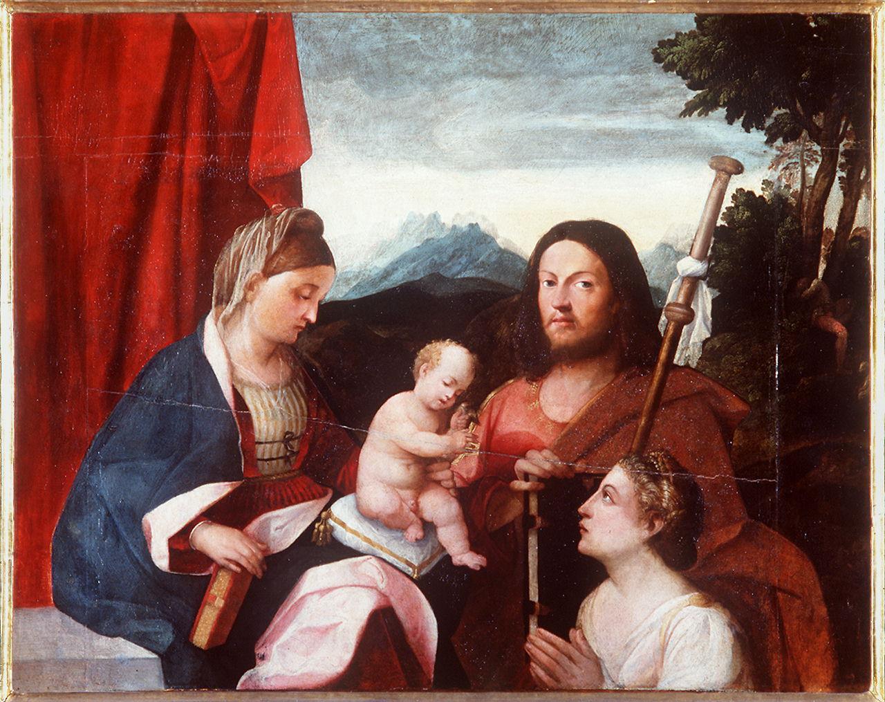 Madonna con Bambino, San Giacomo e Santa Caterina d'Alessandria (dipinto) di Buonconsiglio Giovanni detto Marescalco (primo quarto sec. XVI)