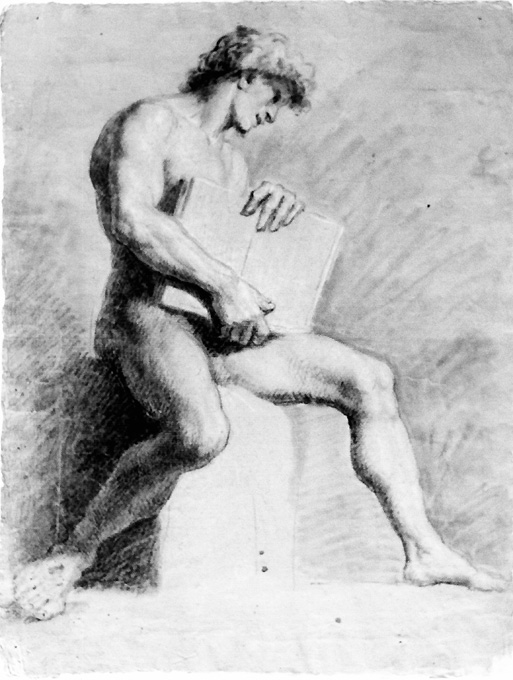 Nudo virile con libro (disegno) - ambito bolognese (seconda metà sec. XVIII)