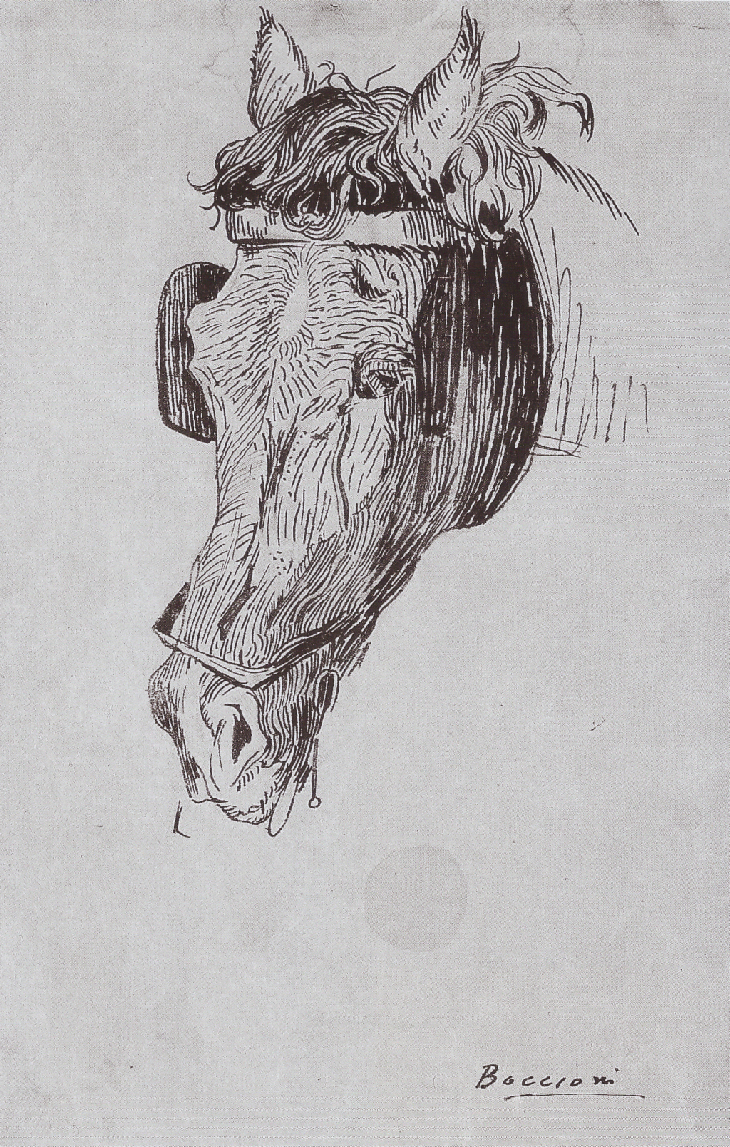 Testa di cavallo con paraocchi, Testa di cavallo (disegno, opera isolata) di Boccioni Umberto - ambito italiano (primo quarto XX)