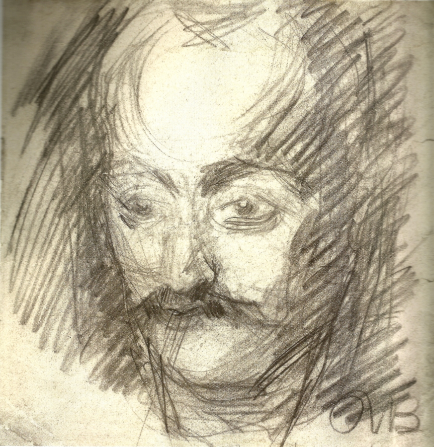 Uomo calvo con baffi (recto), ritratto di uomo (disegno, opera isolata) di Boccioni Umberto (inizio sec. XX)
