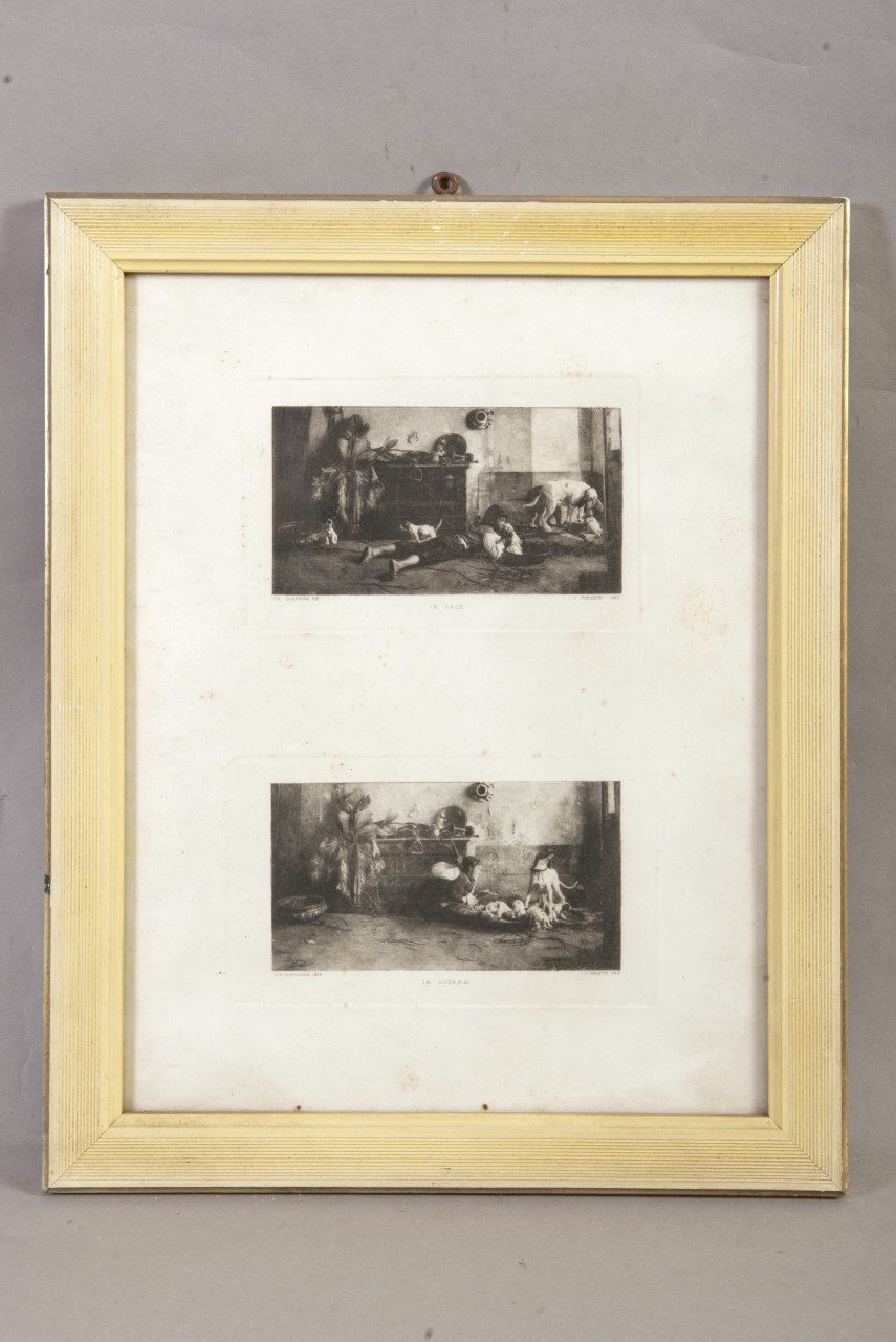 IN PACE / IN GUERRA, Bambino con cuccioli di cane (stampa, serie) di Quadrone Giovanni Battista, Turletti Celestino (inizio sec. XX)