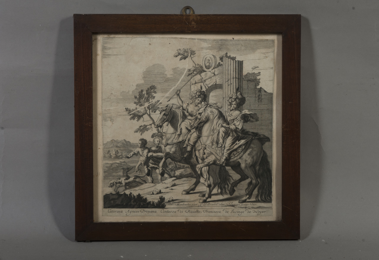 Ritratto equestre di Caterina Agnese Provana contessa di Rivalta e di Francesca de Lucinge de Noyer (stampa) - ambito piemontese (seconda metà sec. XVII)
