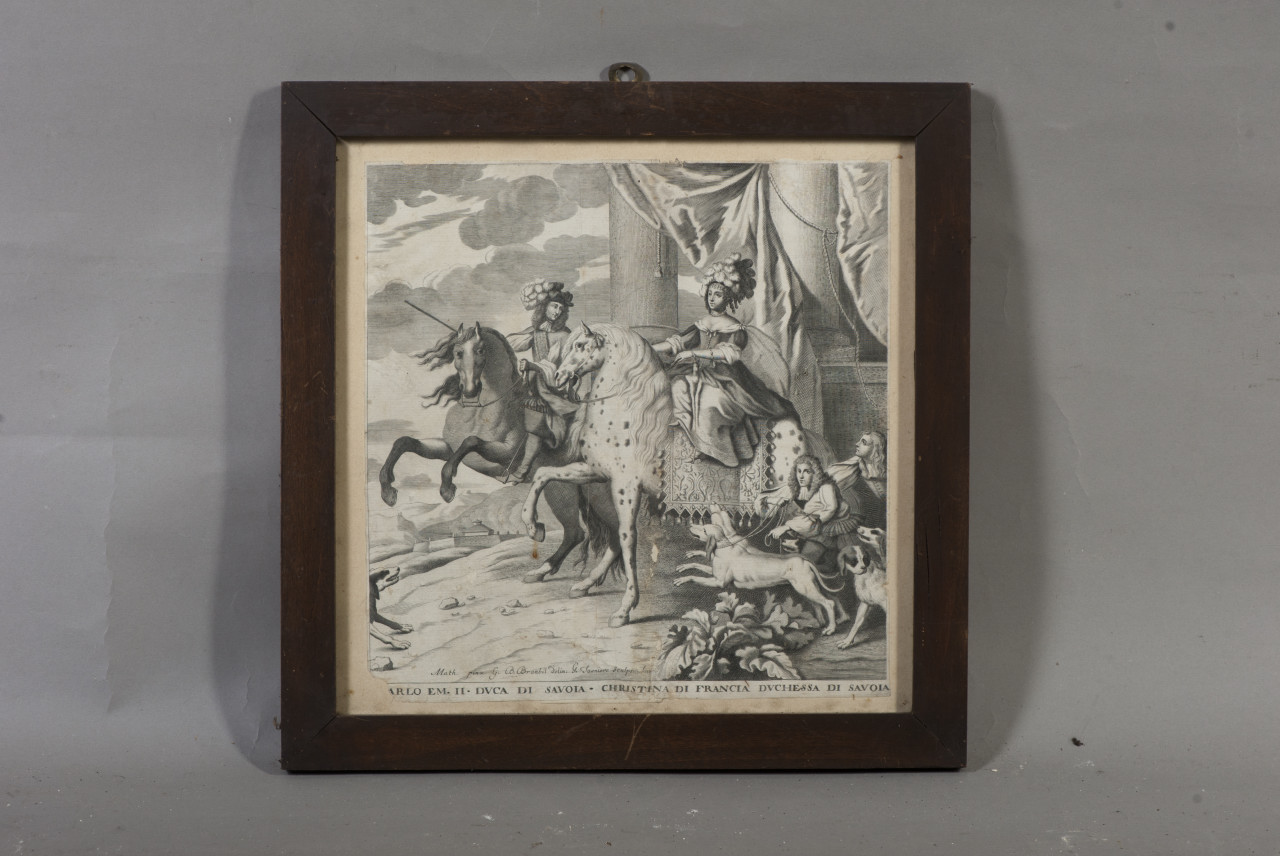 Ritratto equestre di Carlo Emanuele II duca di Savoia e di Cristina di Francia duchessa di Savoia (stampa) - ambito piemontese (seconda metà sec. XVII)