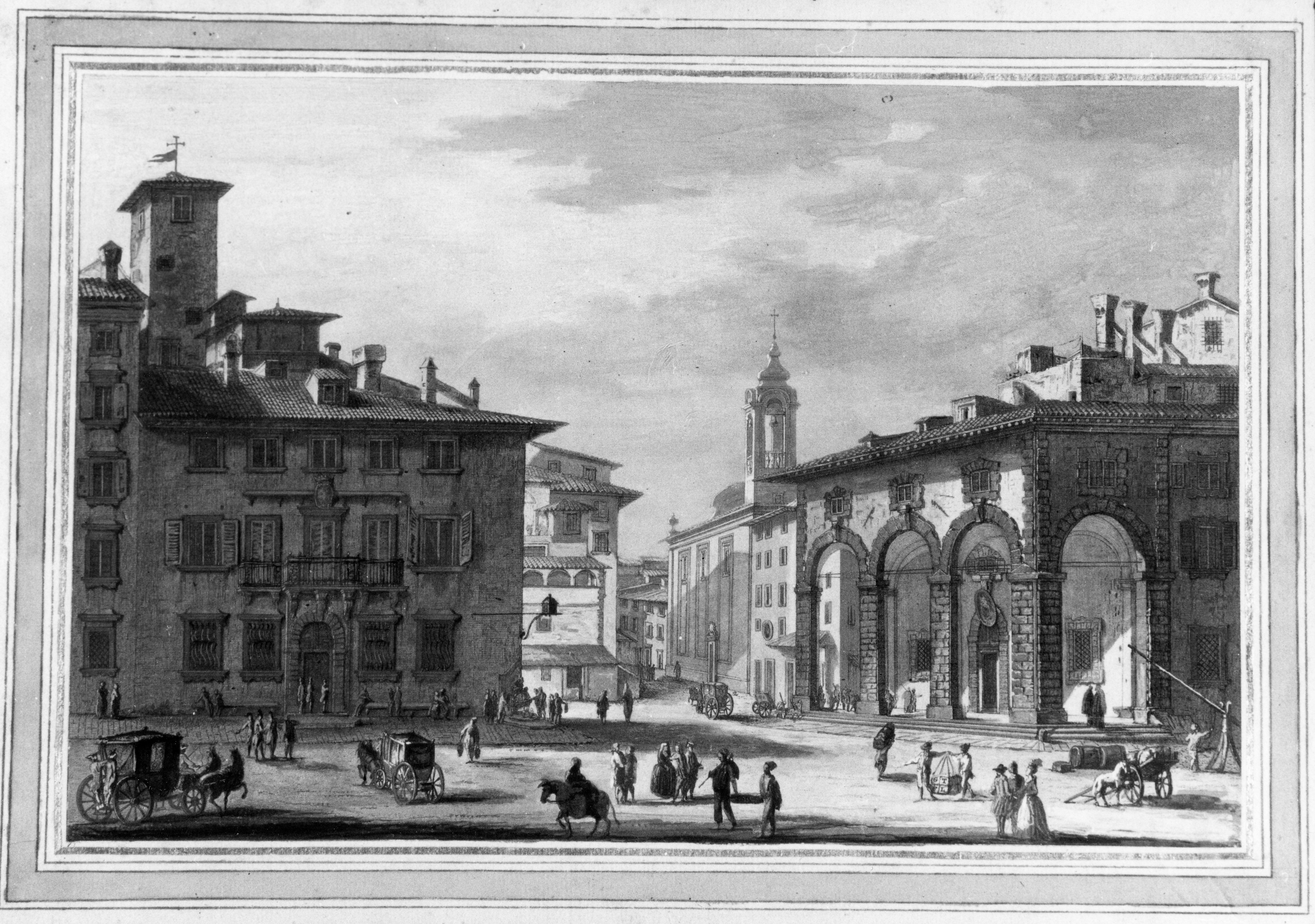 veduta di Livorno con la dogana e il Palazzo Pretorio, veduta di città (stampa a colori) di Terreni Giuseppe Maria (sec. XVIII)