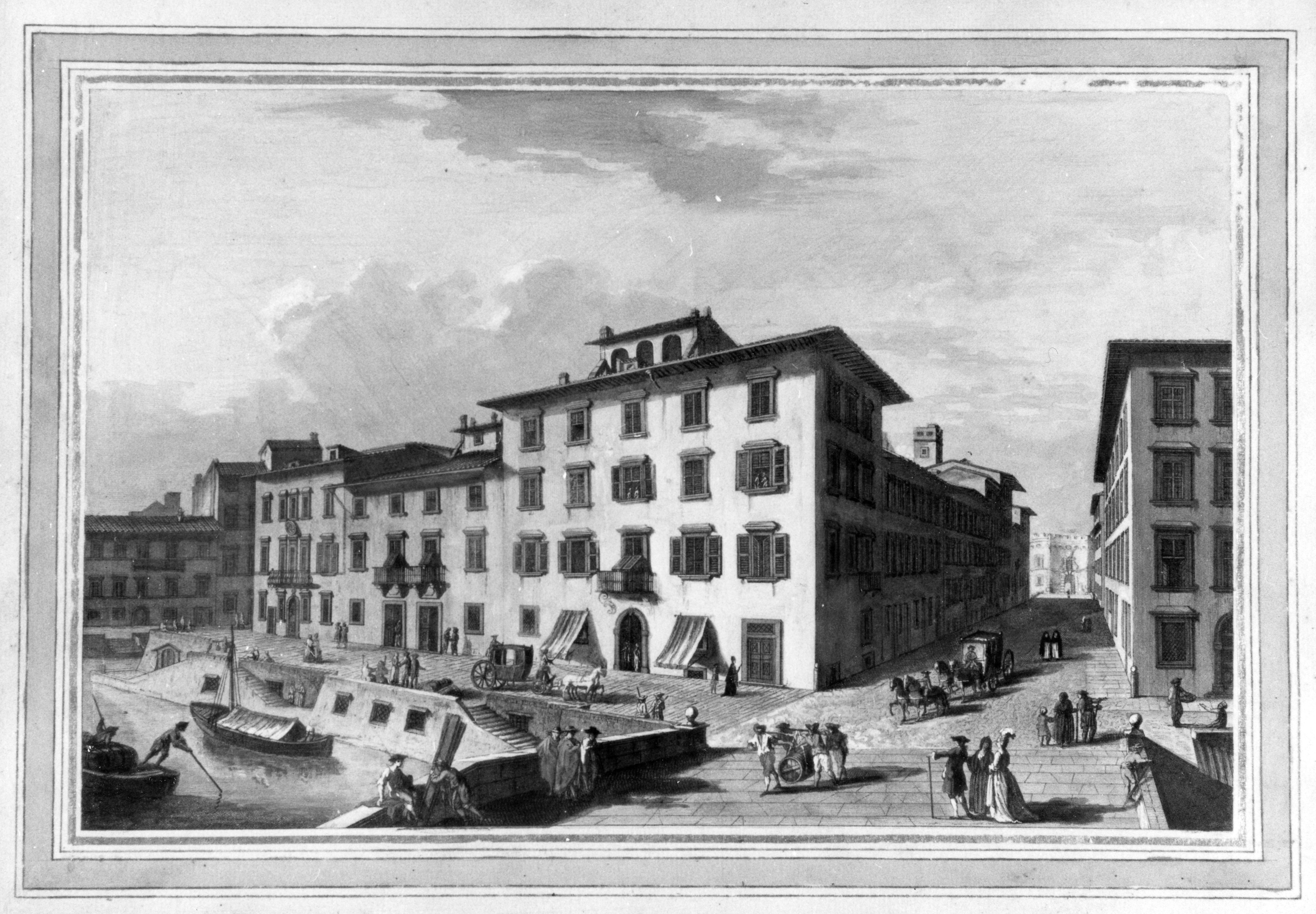 veduta della città di Livorno con via Borra vista dal ponte di marmo, veduta di città (stampa a colori) di Terreni Giuseppe Maria (sec. XVIII)
