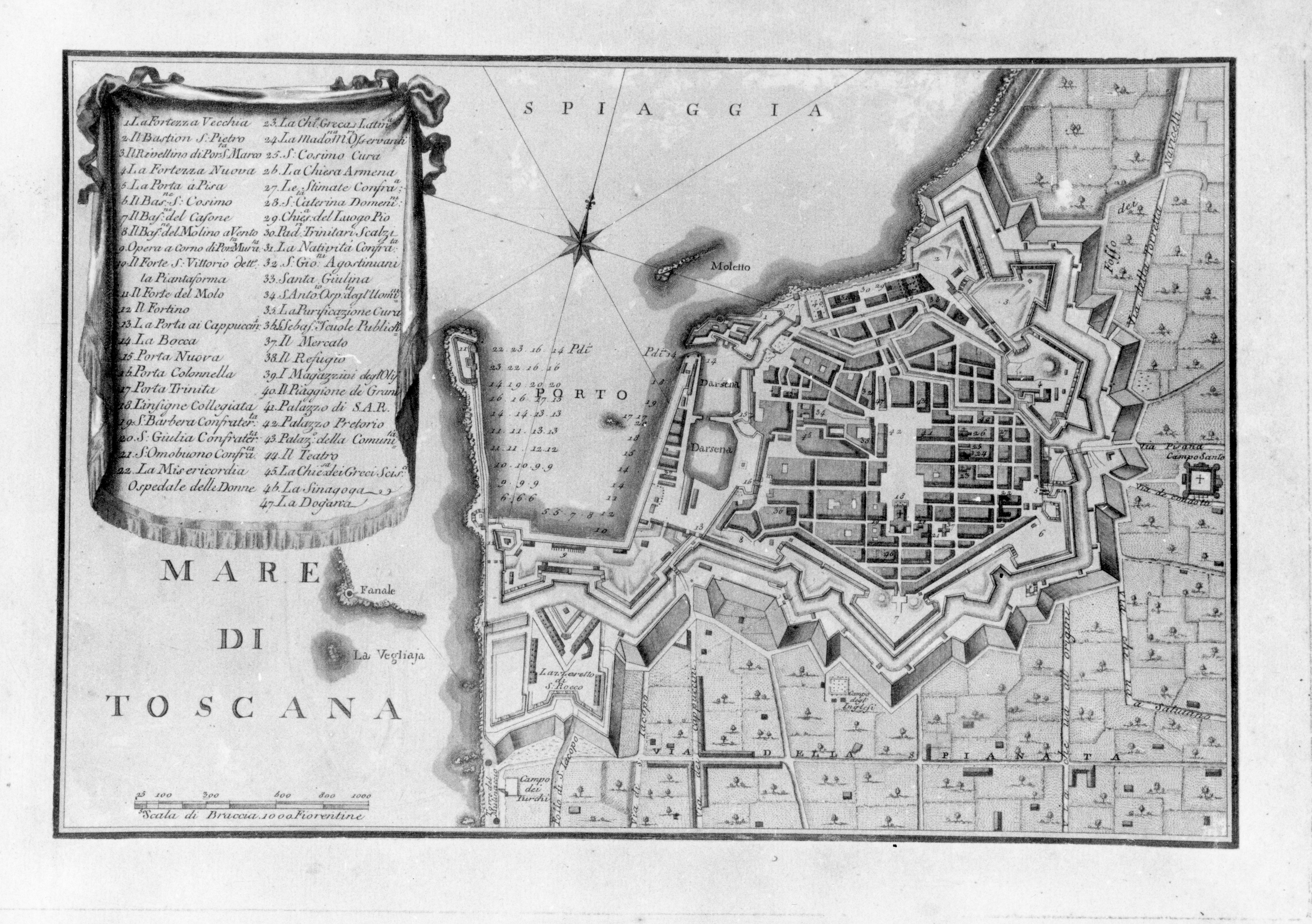 pianta topografica della città e del porto di Livorno, veduta di città (stampa a colori) di Terreni Giuseppe Maria (sec. XVIII)