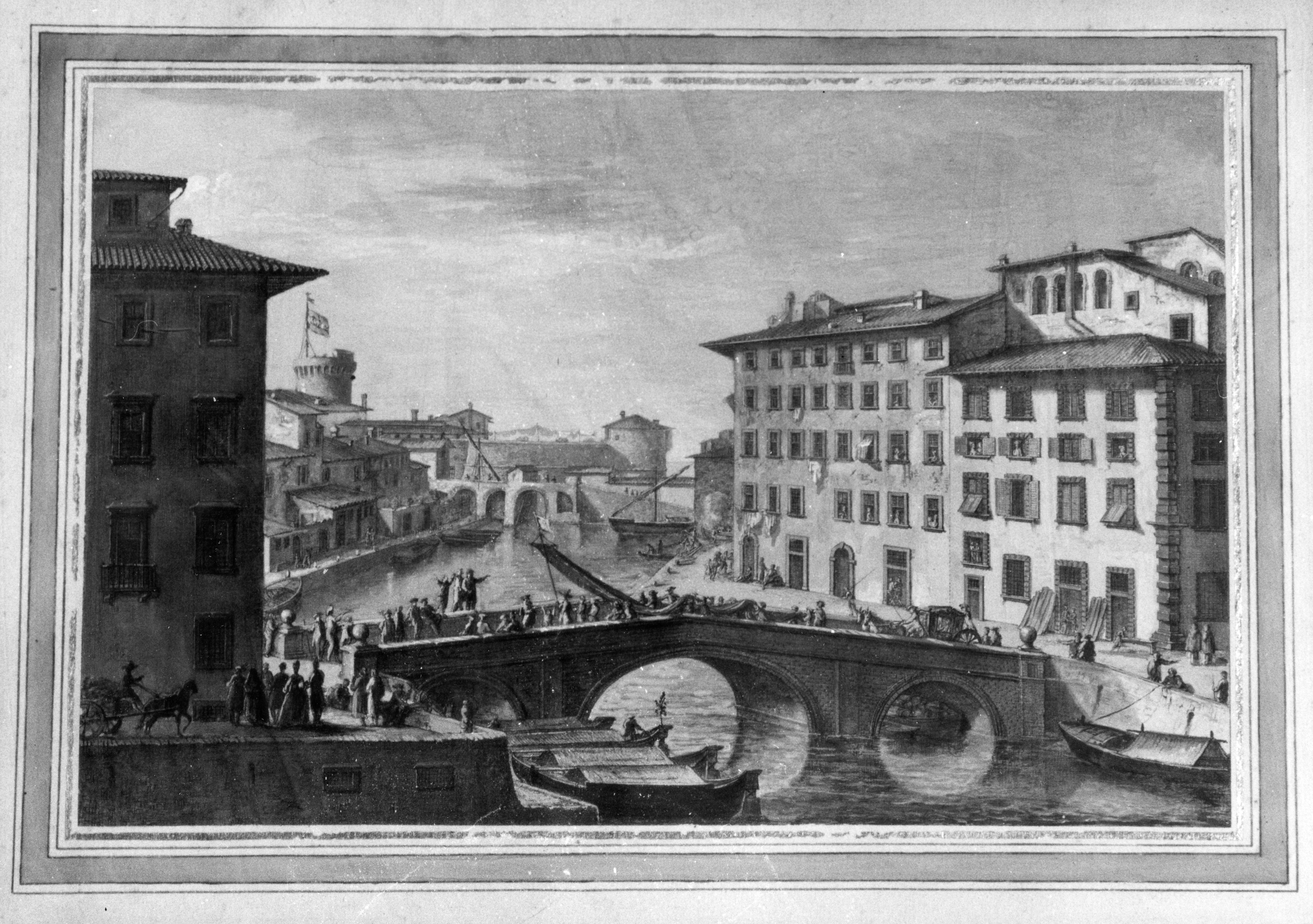veduta di Livorno col Ponte grande a Venezia Nuova, veduta di città (stampa a colori) di Terreni Giuseppe Maria (sec. XVIII)