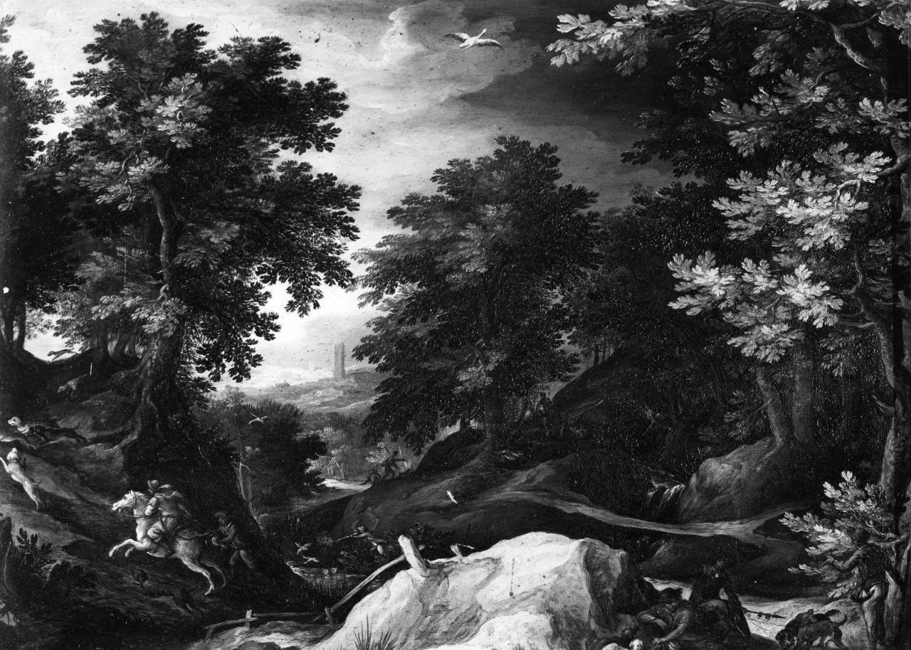 paesaggio con la caccia alla lepre (dipinto) di Brill Paul (sec. XVI)