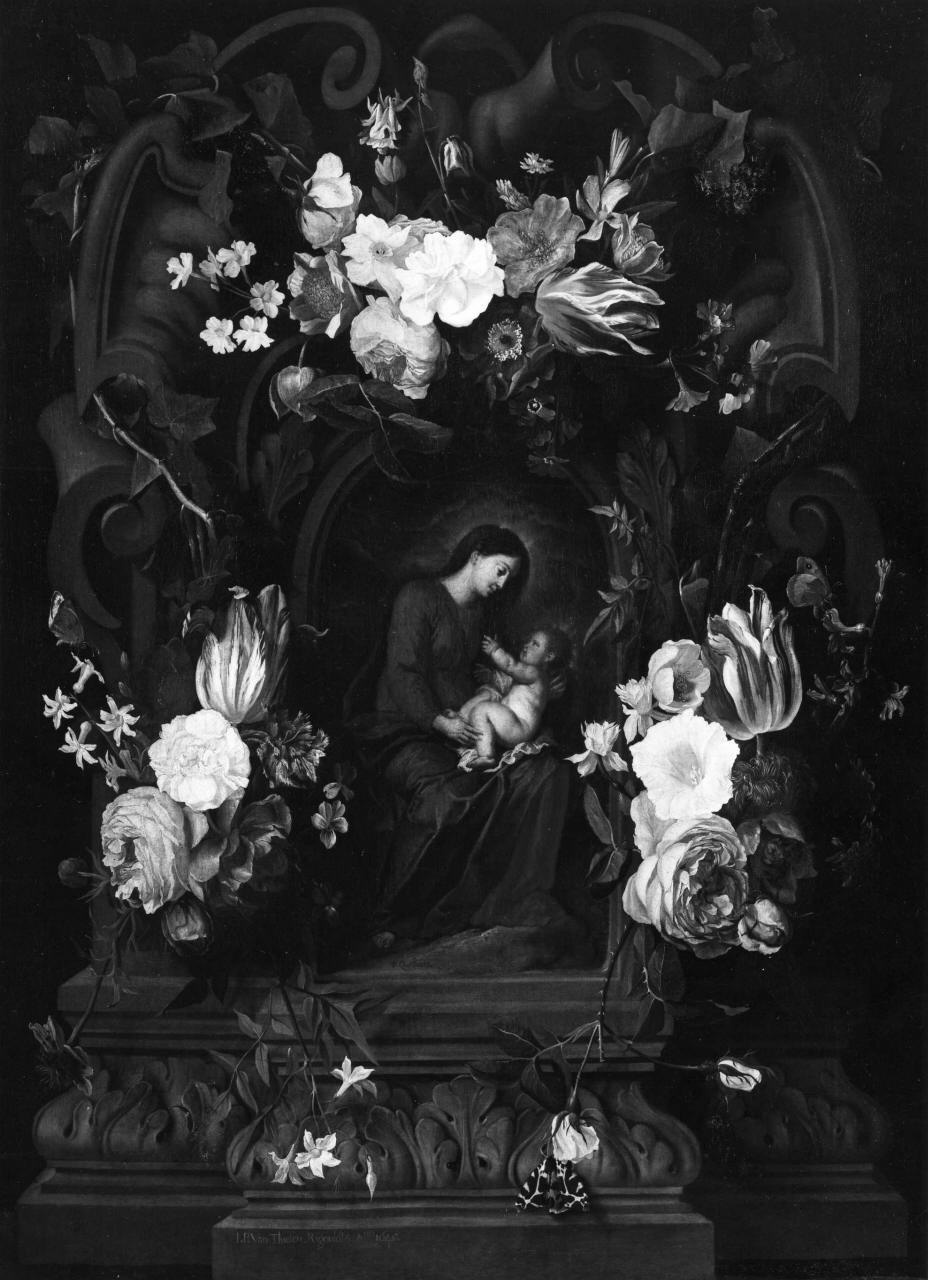 Madonna con Bambino entro ghirlanda di fiori (dipinto) di Thielen Jhan Philippe van, Quellyn Erasmus (sec. XVII)