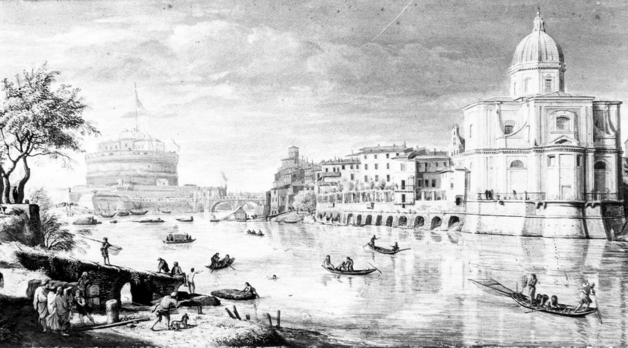 Castel Sant'Angelo e San Giovanni dei Fiorentini visti dal tevere, veduta di città (dipinto) di Wittel Gaspar van (sec. XVII)