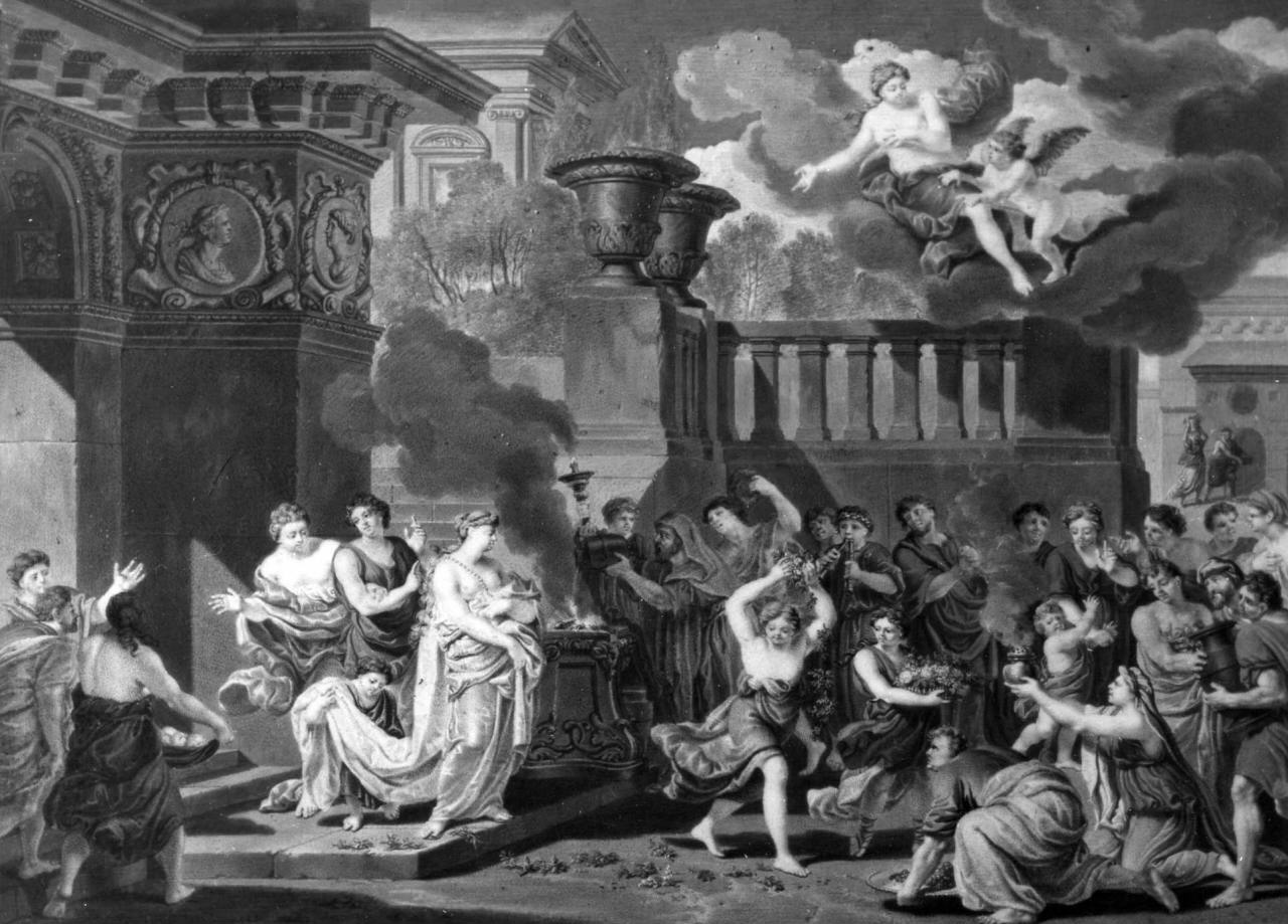 scena con sacrificio a Venere (miniatura) di Orley Richard van II (sec. XVIII)