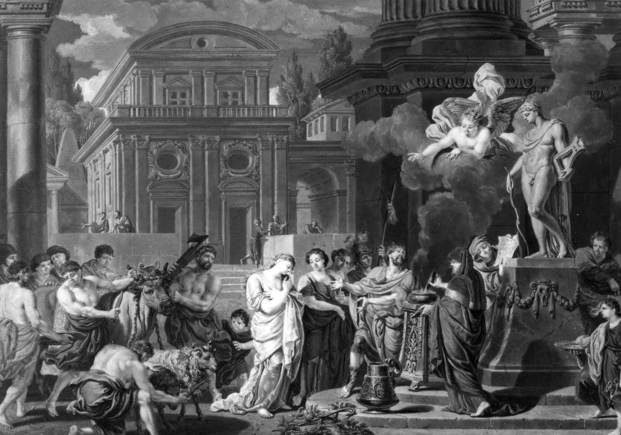 scena con sacrificio ad Apollo (miniatura) di Orley Richard van II (sec. XVIII)
