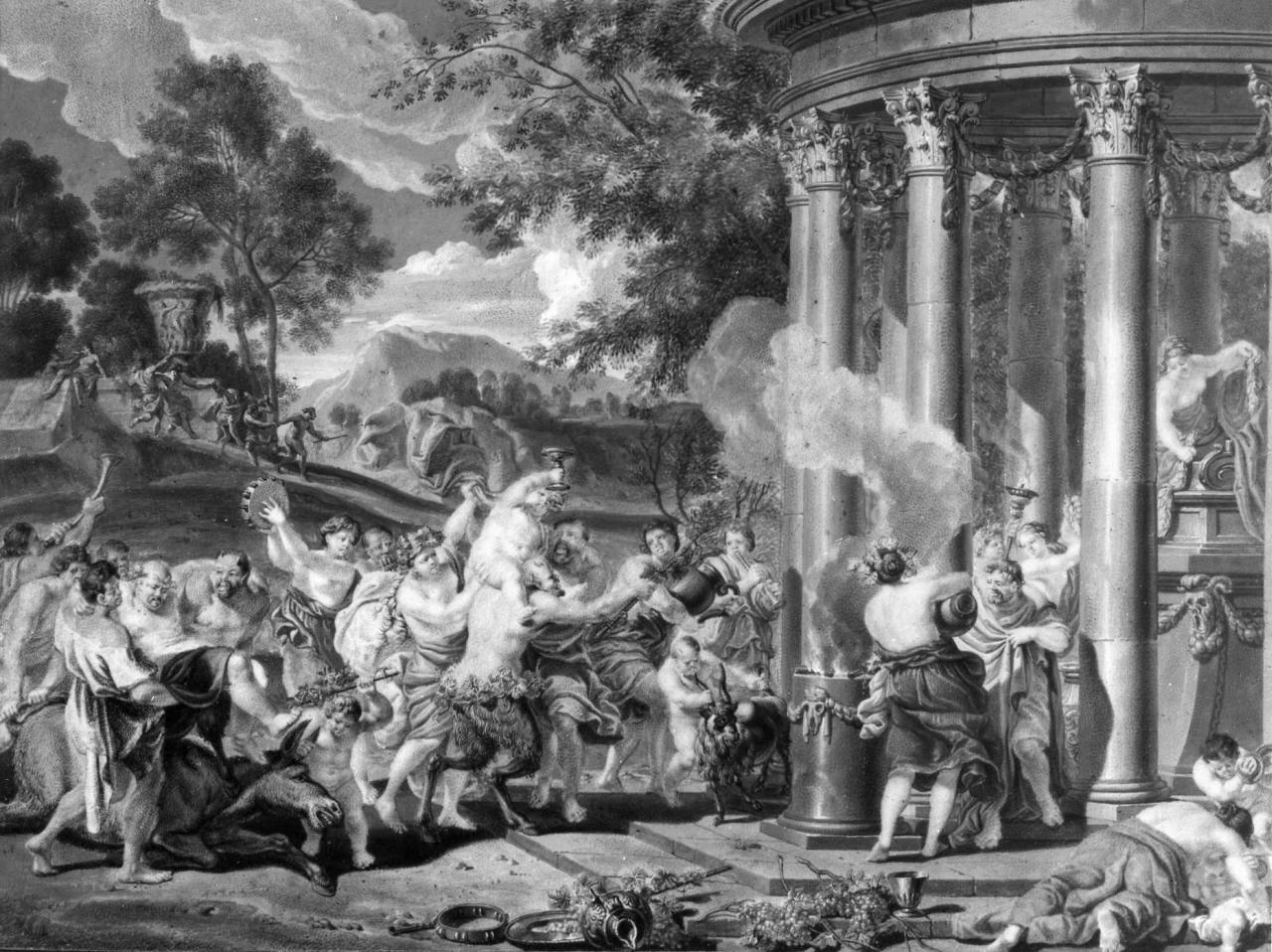scena con sacrificio a Bacco (miniatura) di Orley Richard van II (sec. XVIII)