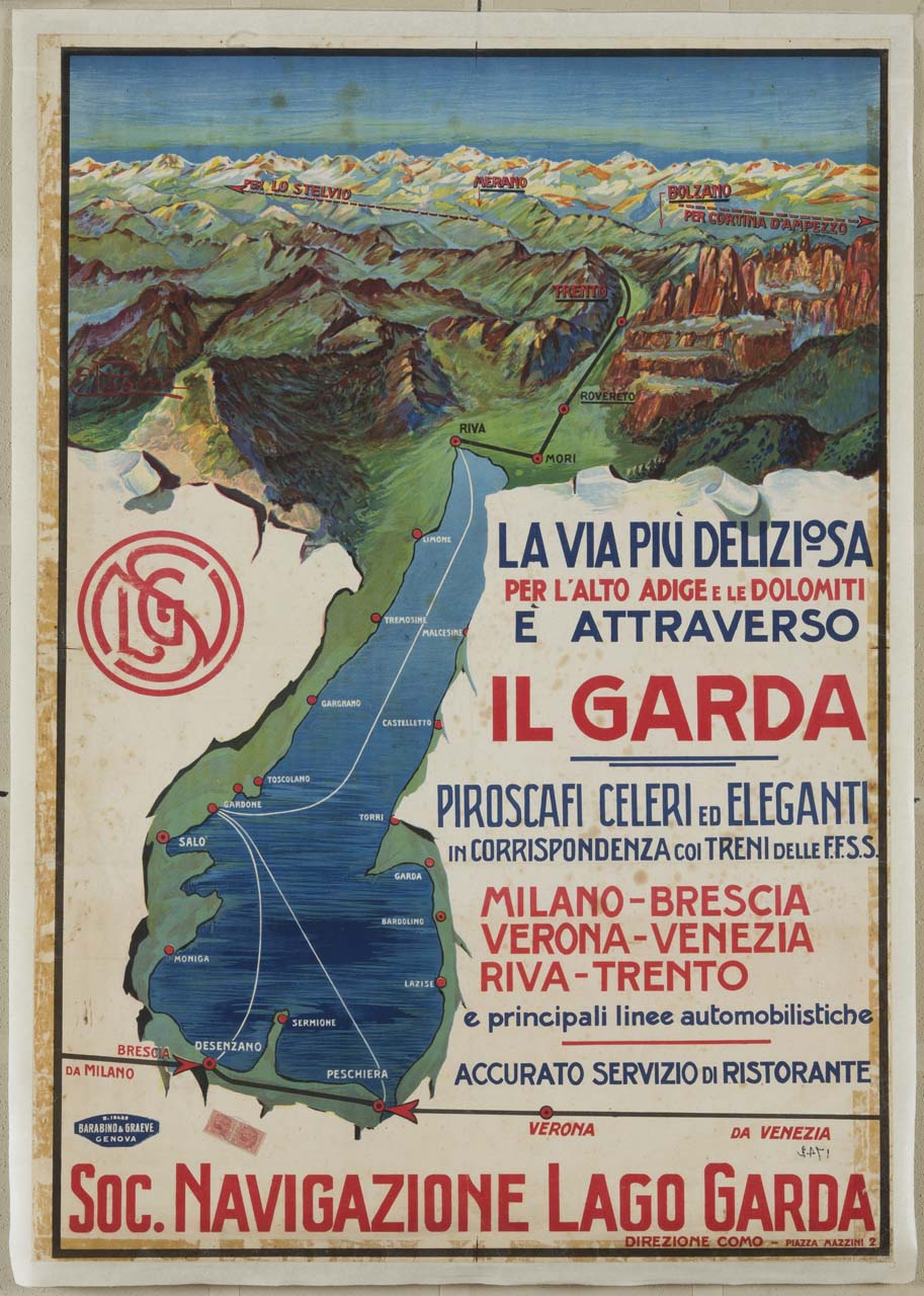 restituzione grafica del Lago di Garda e dei rilievi circostanti (manifesto) di Pasini E - ambito italiano (primo quarto sec. XX)