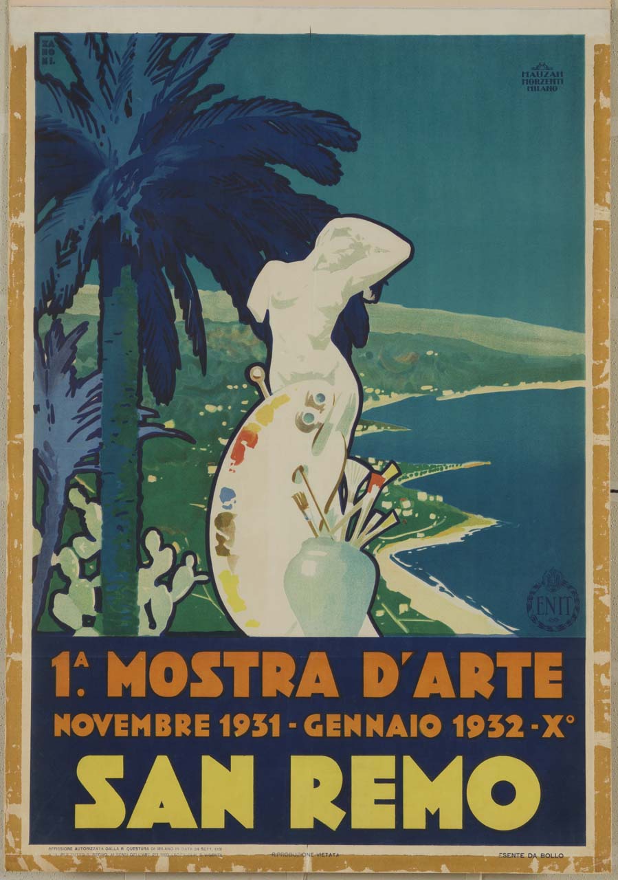 sagome di una statua femminile nuda, una tavolozza e pennelli sullo sfondo di un paesaggio marittimo con palme (manifesto) di Zanoni G (sec. XX)