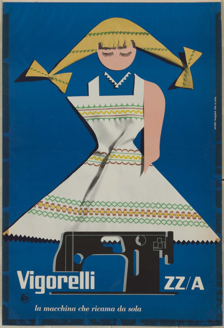 bambolina di stoffa indica la macchina da cucire (manifesto) di Studio Boggeri (sec. XX)