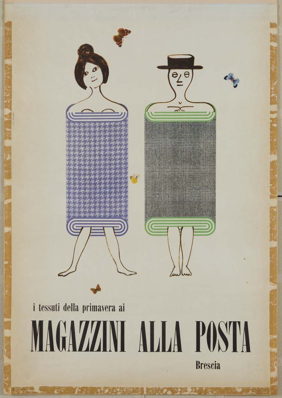 donna e uomo avvolti ciascuno in una pezza di stoffa (manifesto) di AG Fronzoni (metà sec. XX)