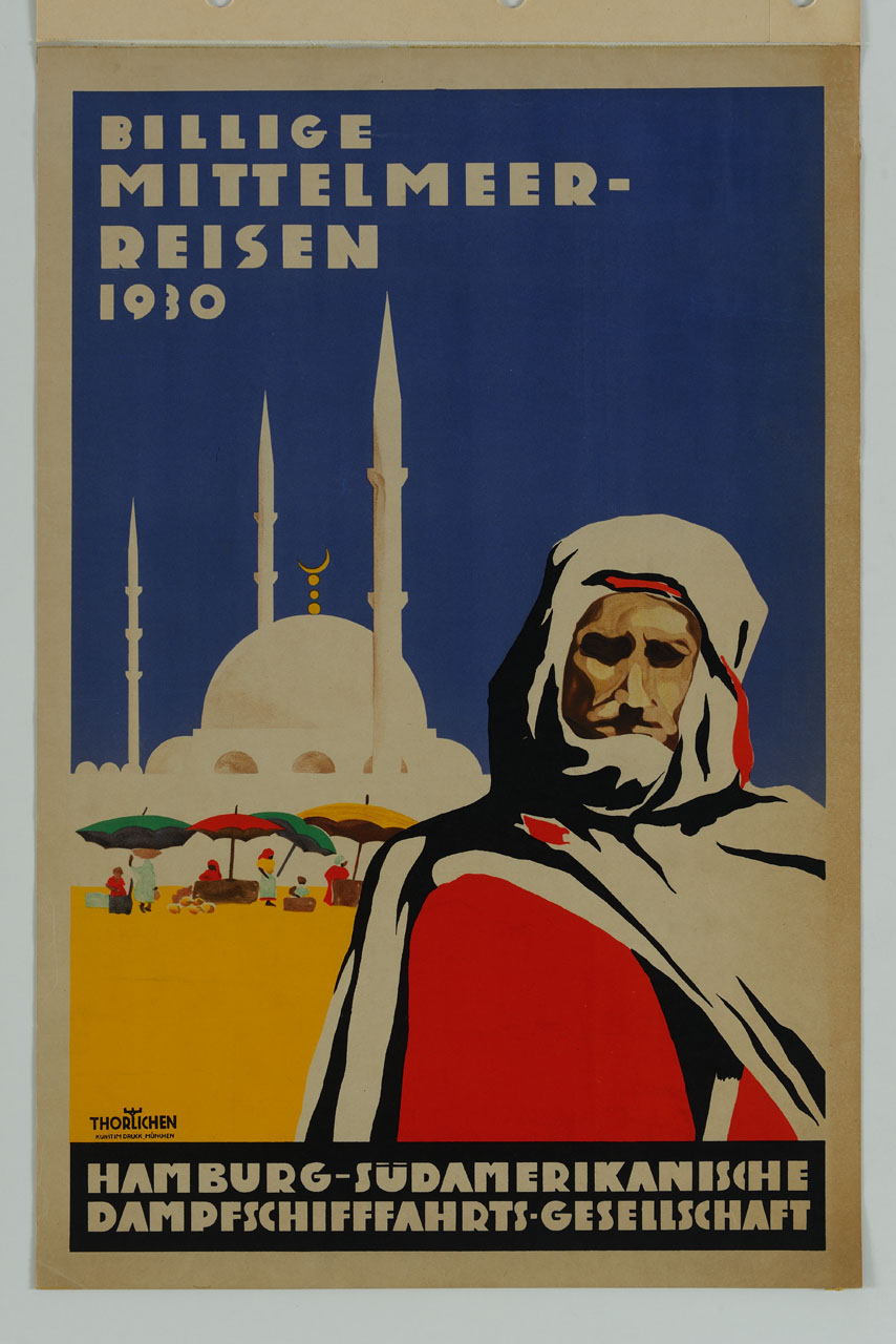 uomo ammantato di burnus sullo sfondo di una moschea e di un mercato (manifesto) di Thorlichen - ambito tedesco (sec. XX)