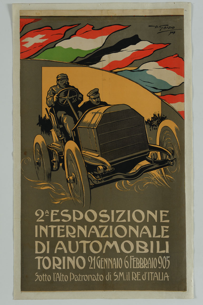 pilota e passeggero su automobile con bandiere (manifesto) di D. Gaido (sec. XX)