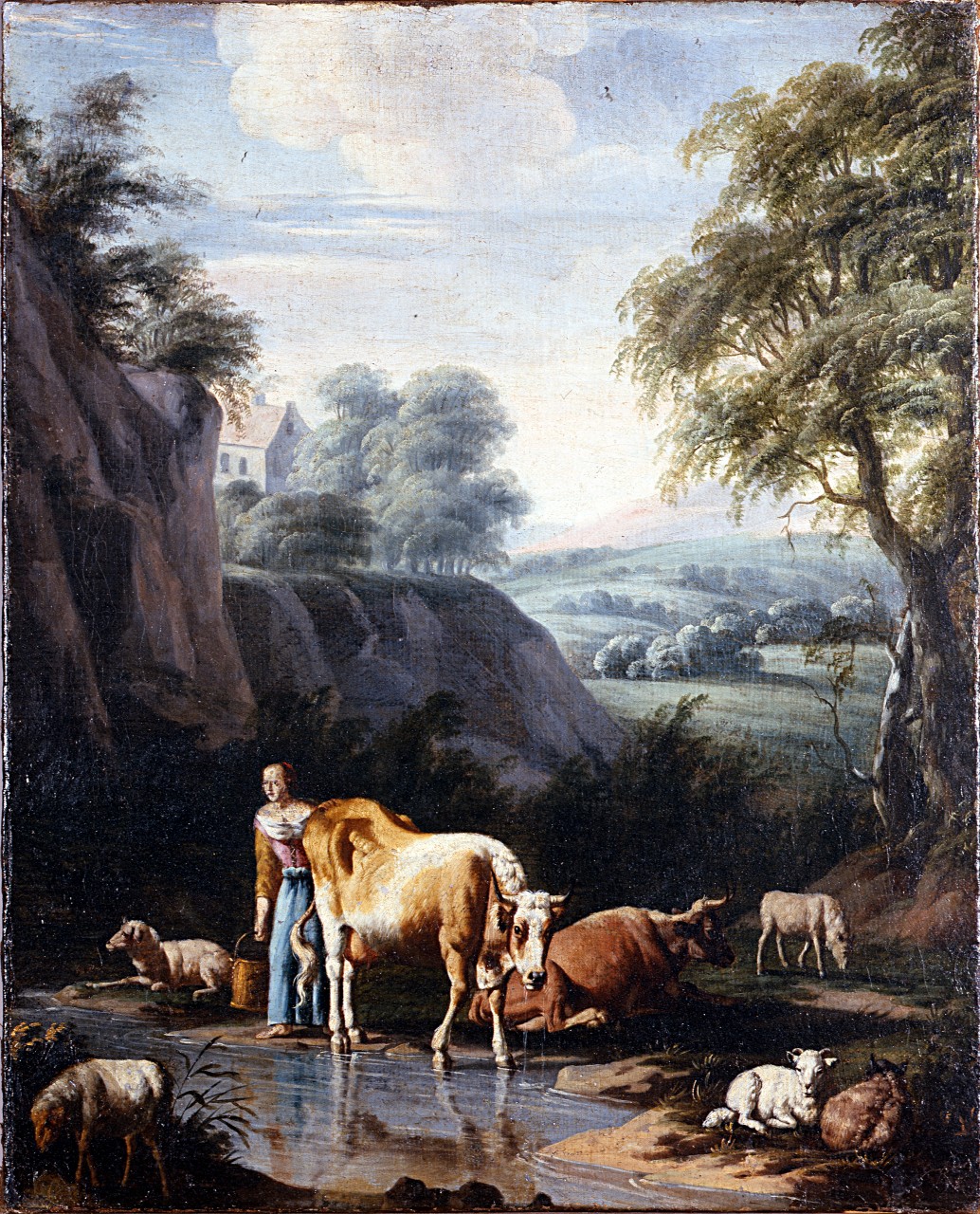 paesaggio con pastorella e armenti (dipinto) - ambito olandese (ultimo quarto sec. XVII)