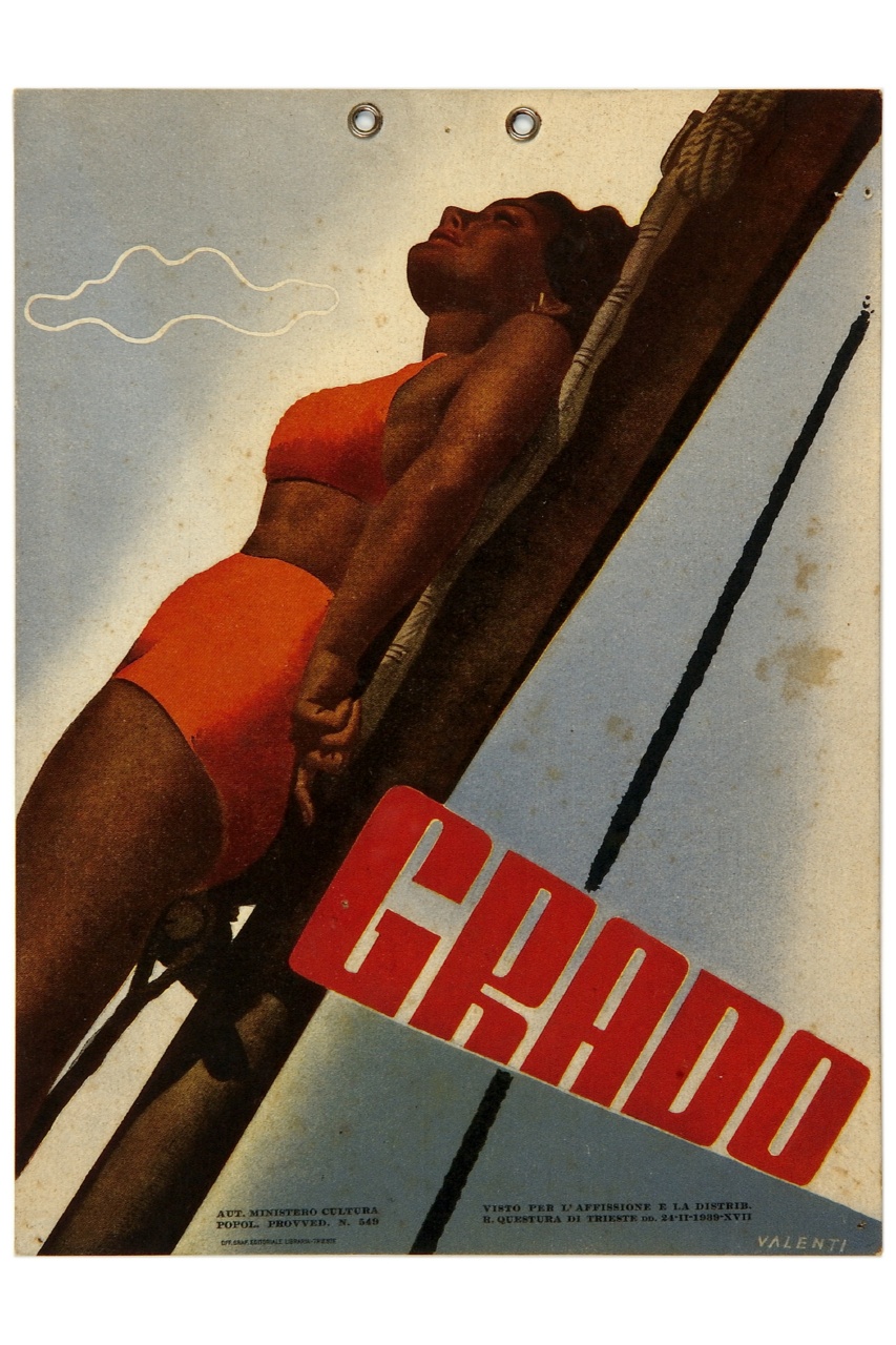 donna abbronzata in bikini rosso sdraiata sul bordo di una barca (locandina) di Valenti (sec. XX)