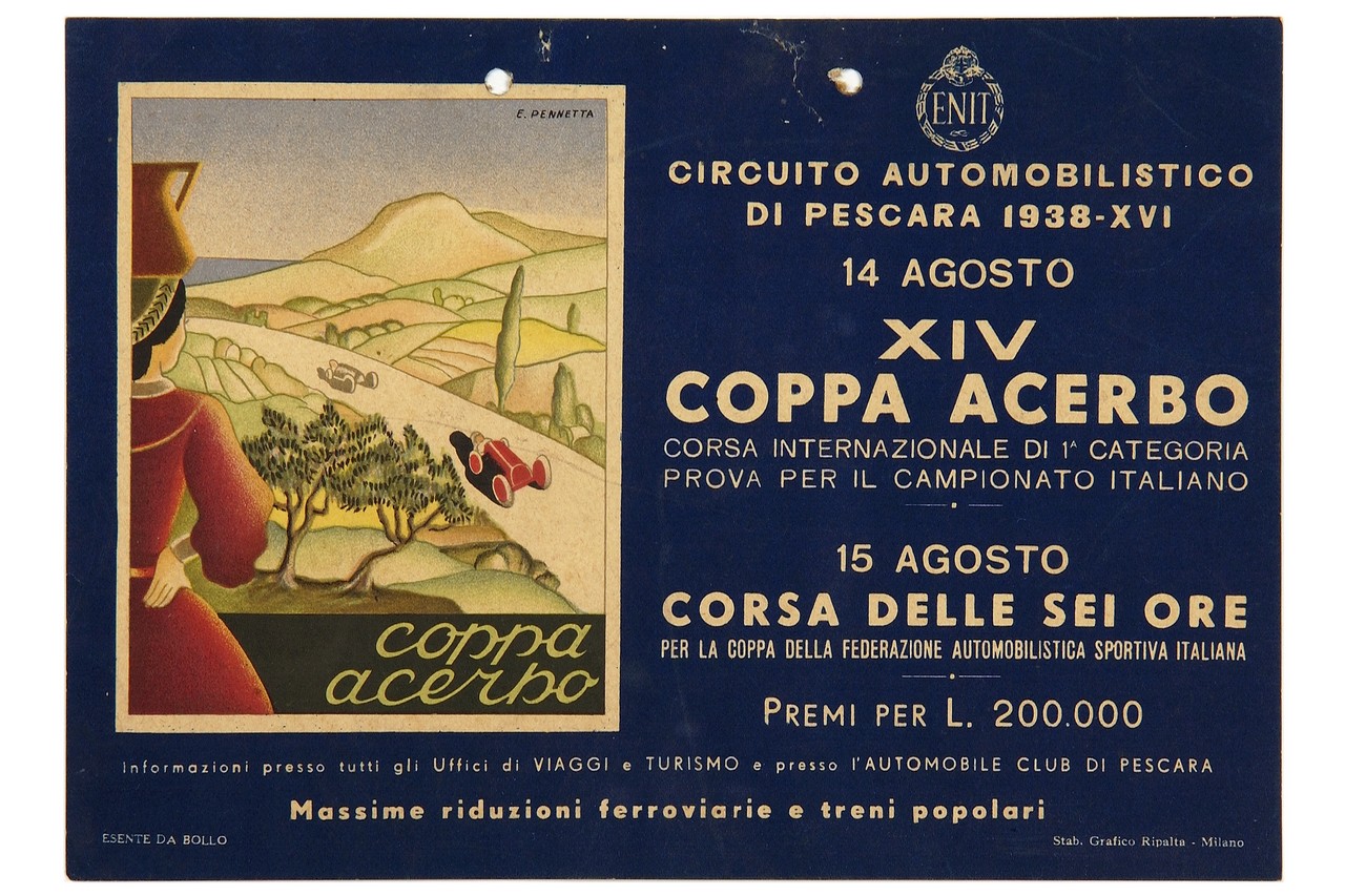 (recto) donna in abito tradizionale osserva gara automobilistica; (verso) mappa (locandina) di Pennetta Ettore (sec. XX)