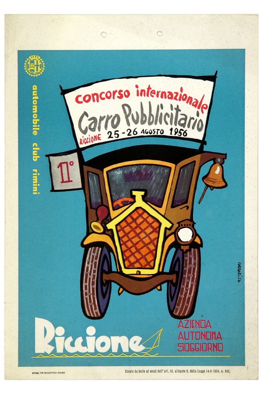 automobile con striscione pubblicitario (locandina) di Crespi Luigi Daniele (sec. XX)