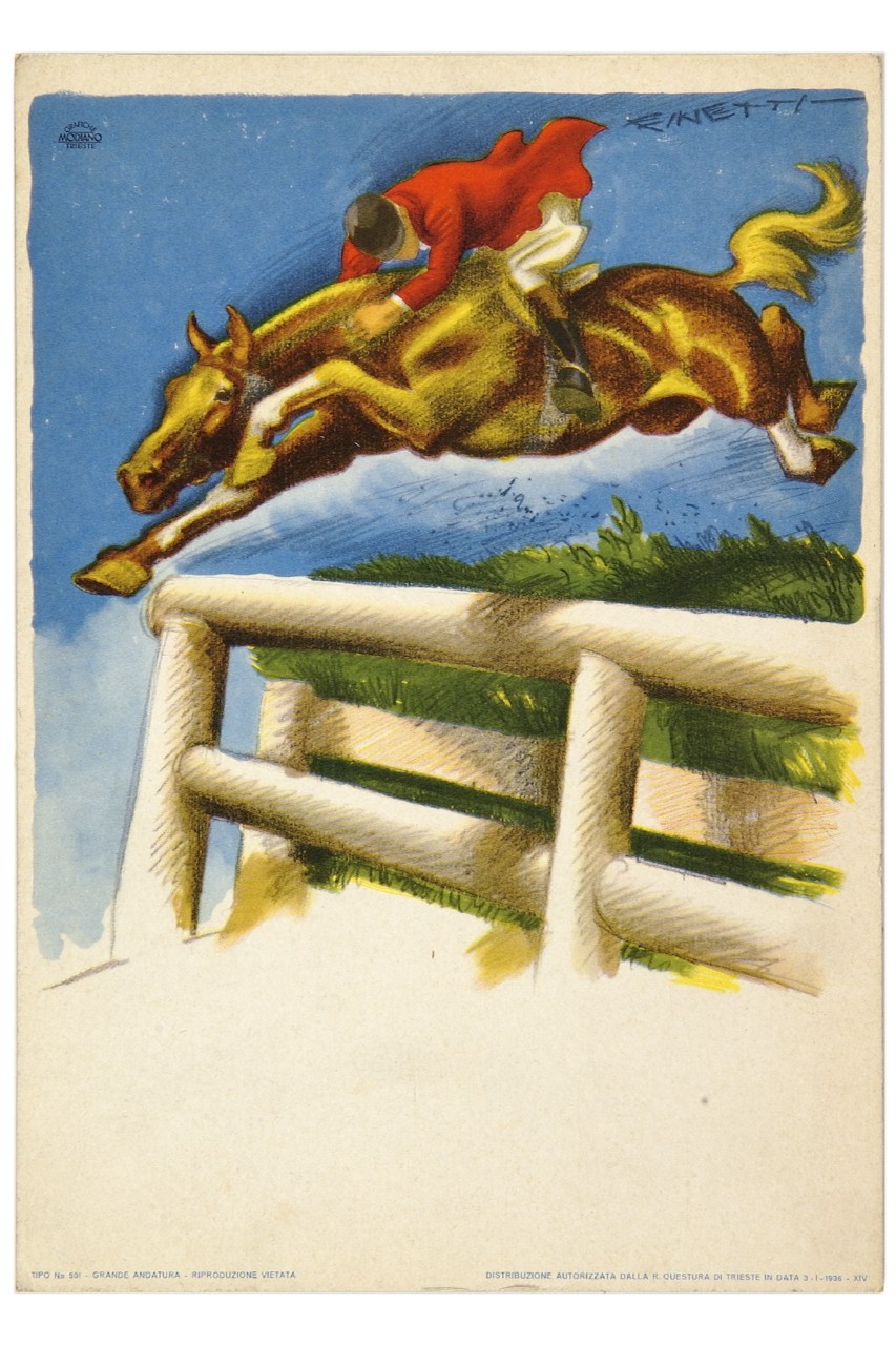 fantino su cavallo che salta staccionata (locandina) di De Finetti Gino (sec. XX)