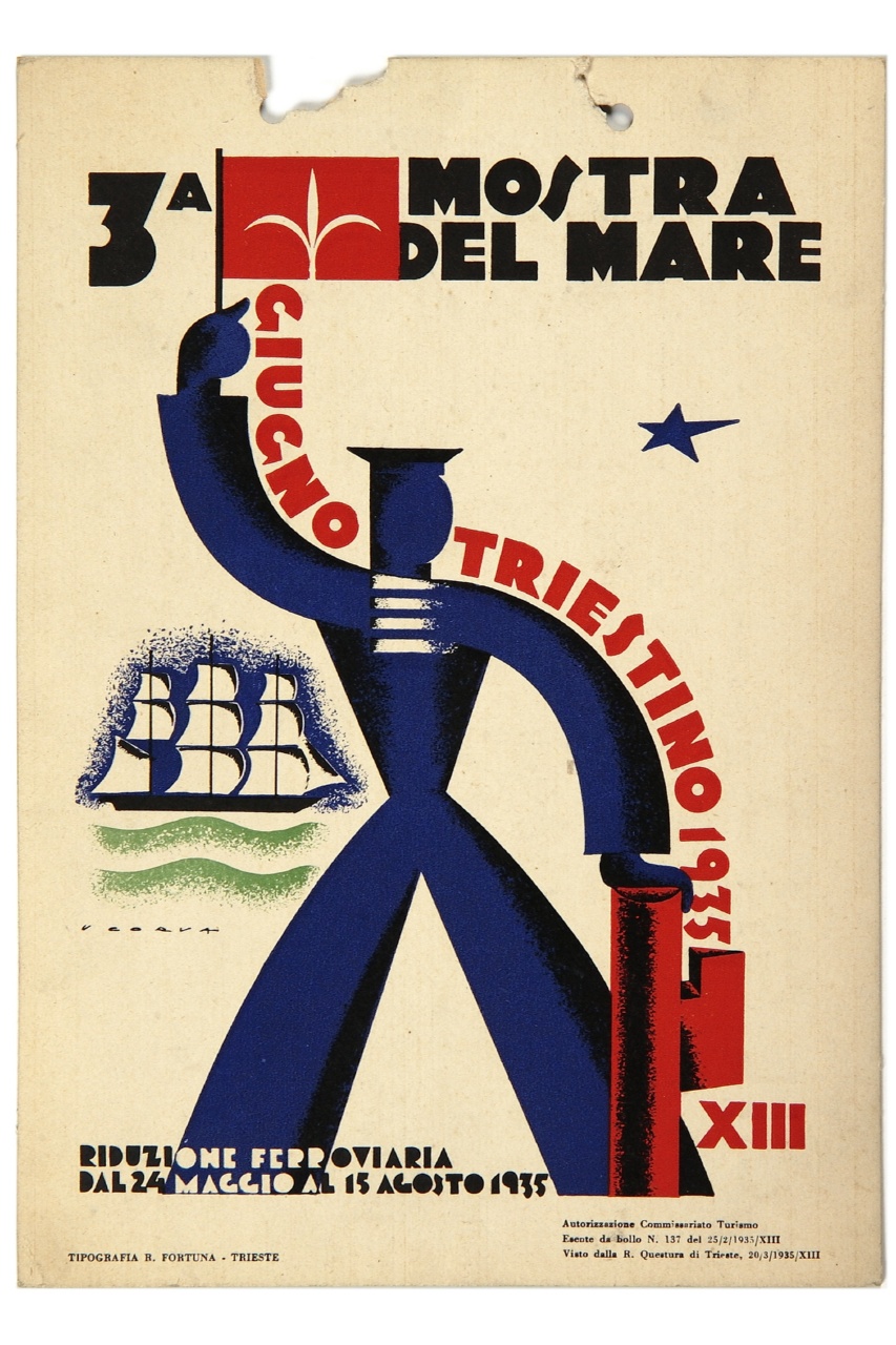 (recto) marinaio stilizzato con bandierina e fascio littorio sullo sfondo di un piccolo veliero (locandina) di Corva Urbano (sec. XX)