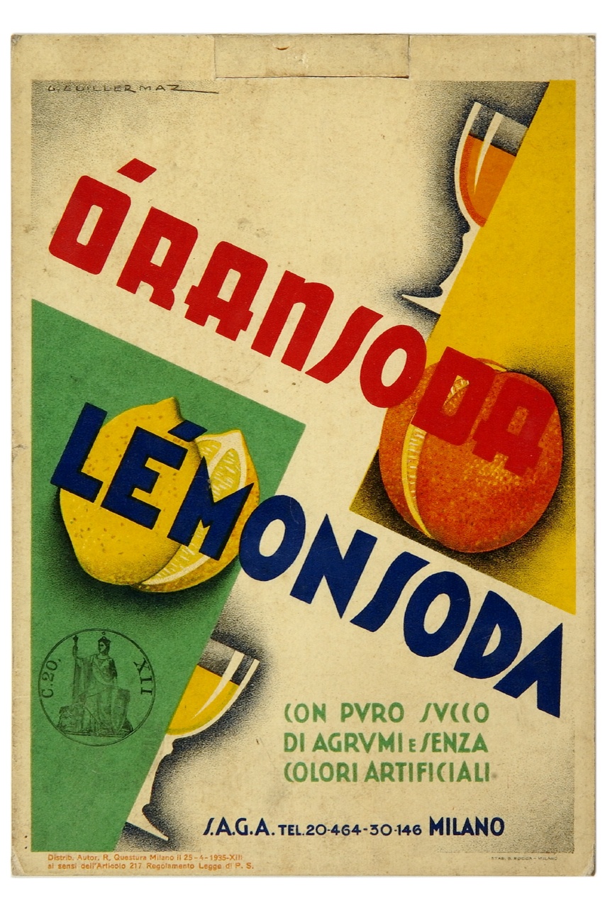 arancia e limone con due bicchieri pieni di bibita (locandina) di Guillermaz George (sec. XX)