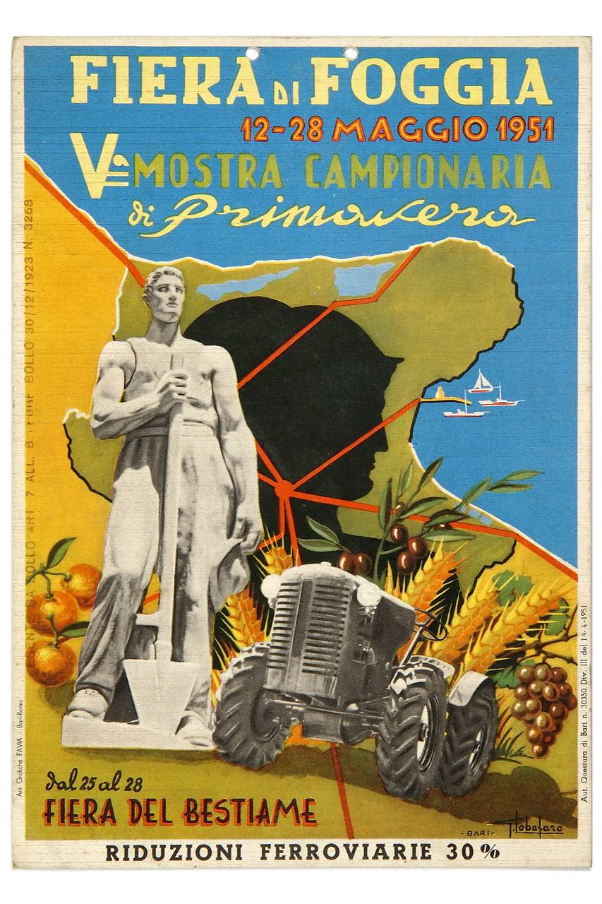 statua di agricoltore, trattore e prodotti agricoli sullo sfondo della Puglia con profilo di dea Cerere (locandina) di Lobefaro Giuseppe (sec. XX)