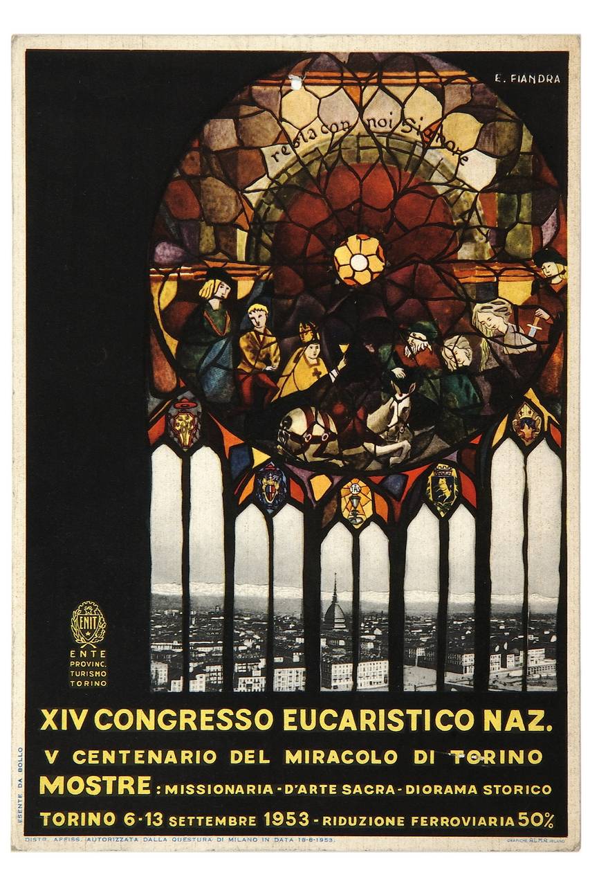 vetrata istoriata con il Miracolo Eucaristico di Torino e nello sfondo veduta della città (locandina) di Fiandra Enrica (sec. XX)