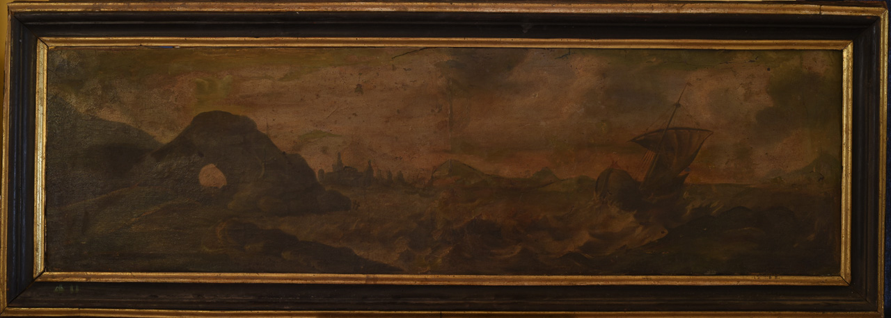 paesaggio con mare in tempesta e veliero (dipinto) - ambito toscano (fine/ inizio secc. XVII/ XVIII)