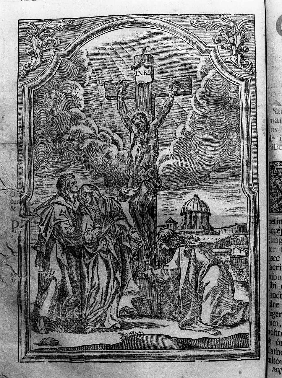 Cristo crocifisso con la Madonna, Santa Maria Maddalena e San Giovanni Evangelista (stampa) - ambito italiano (sec. XVIII)