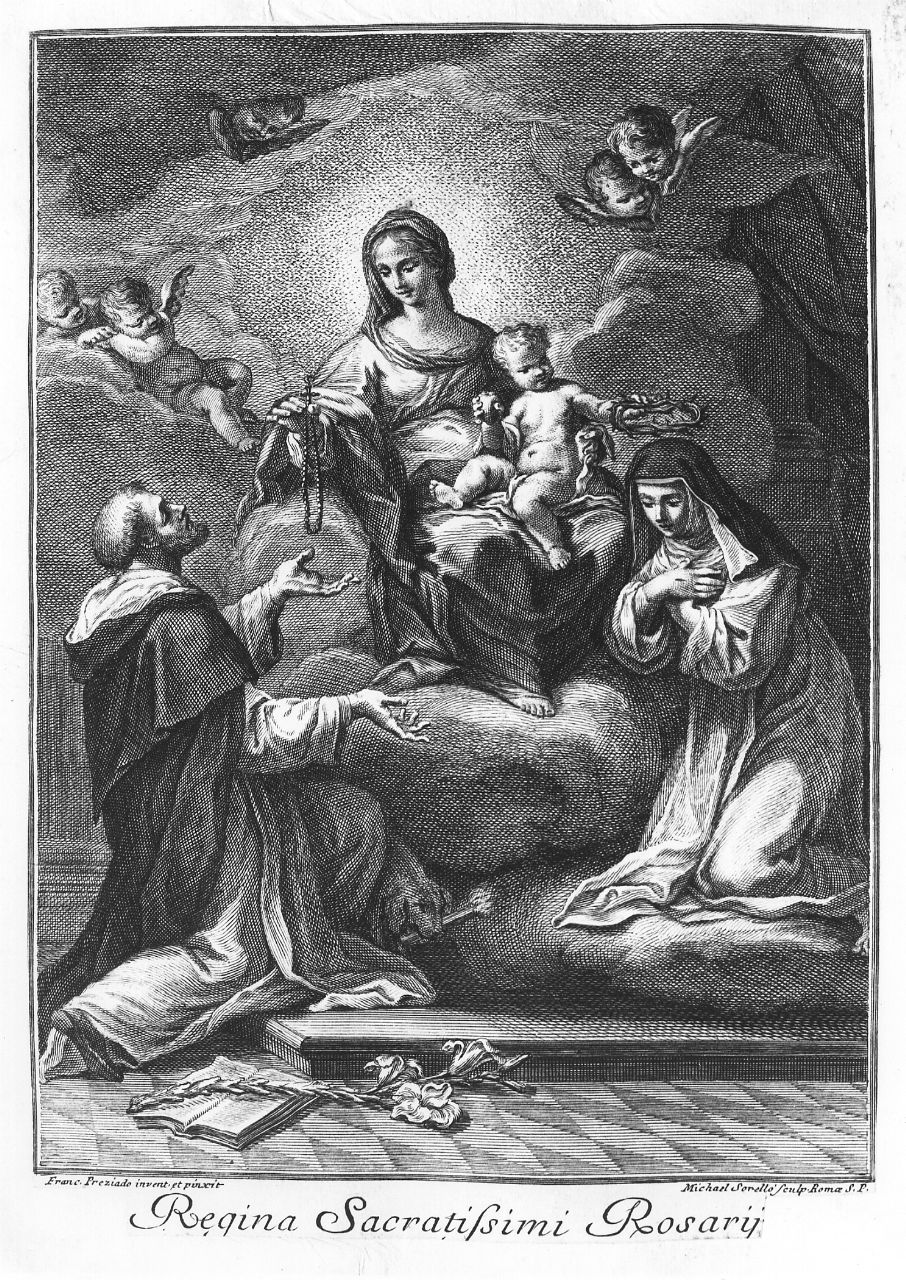 Madonna del Rosario con San Domenico e Santa Caterina da Siena (stampa tagliata) di Sorellò Michele, Preciado De La Vega Francisco (sec. XVIII)