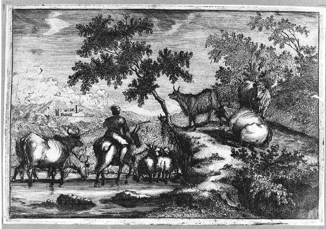 paesaggio con animali (stampa) - ambito olandese (seconda metà sec. XVII)