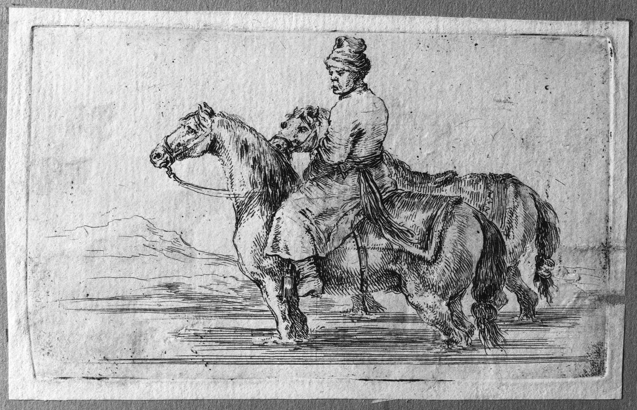 figura di cavaliere e due cavalli (stampa) di Della Bella Stefano (sec. XVII)