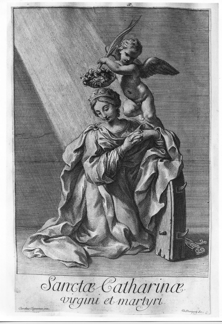 Santa Caterina d'Alessandria incoronata da un angioletto (stampa smarginata) di Dorigny Niccolò, Cignani Carlo (fine sec. XVII)