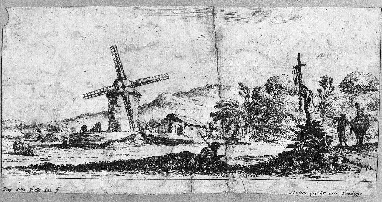 paesaggio campestre con mulino e contadini (stampa smarginata) di Della Bella Stefano (sec. XVII)