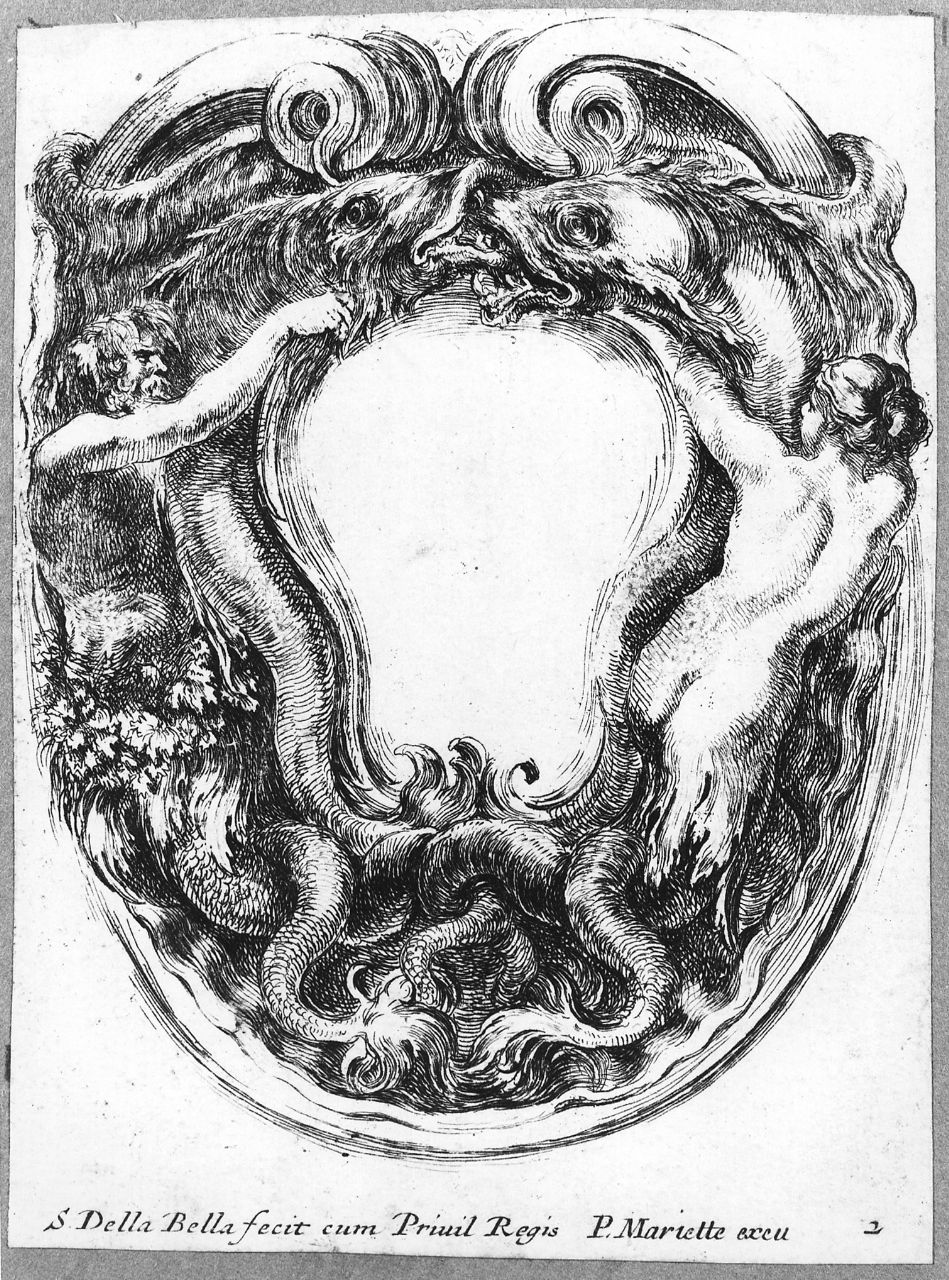 scudo con sirena e tritone (stampa tagliata) di Della Bella Stefano (sec. XVII)