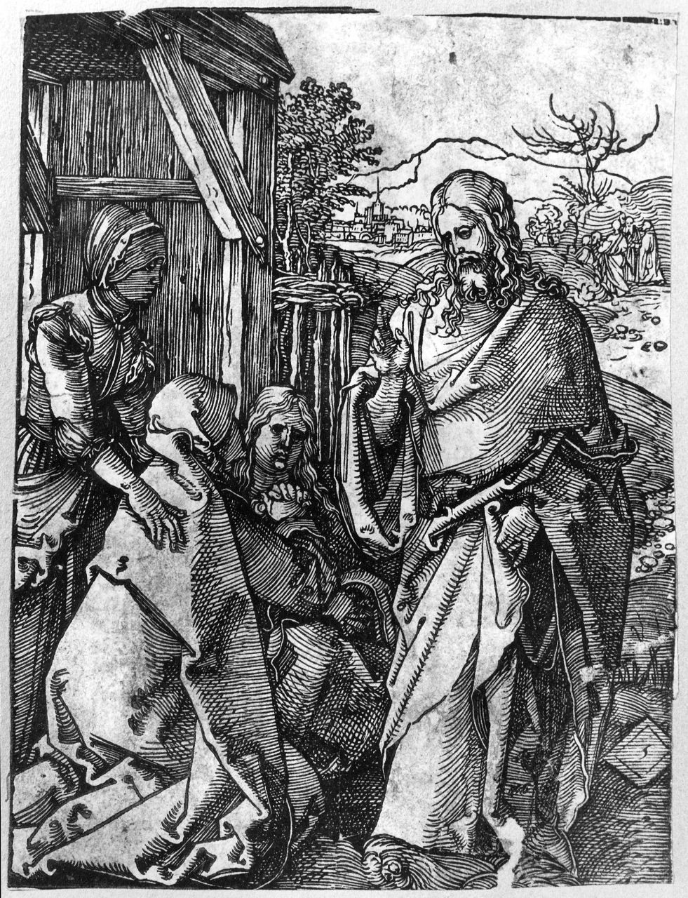 commiato di Cristo dalla Madonna (stampa smarginata) di Dürer Albrecht, Raimondi Marcantonio (sec. XVI)