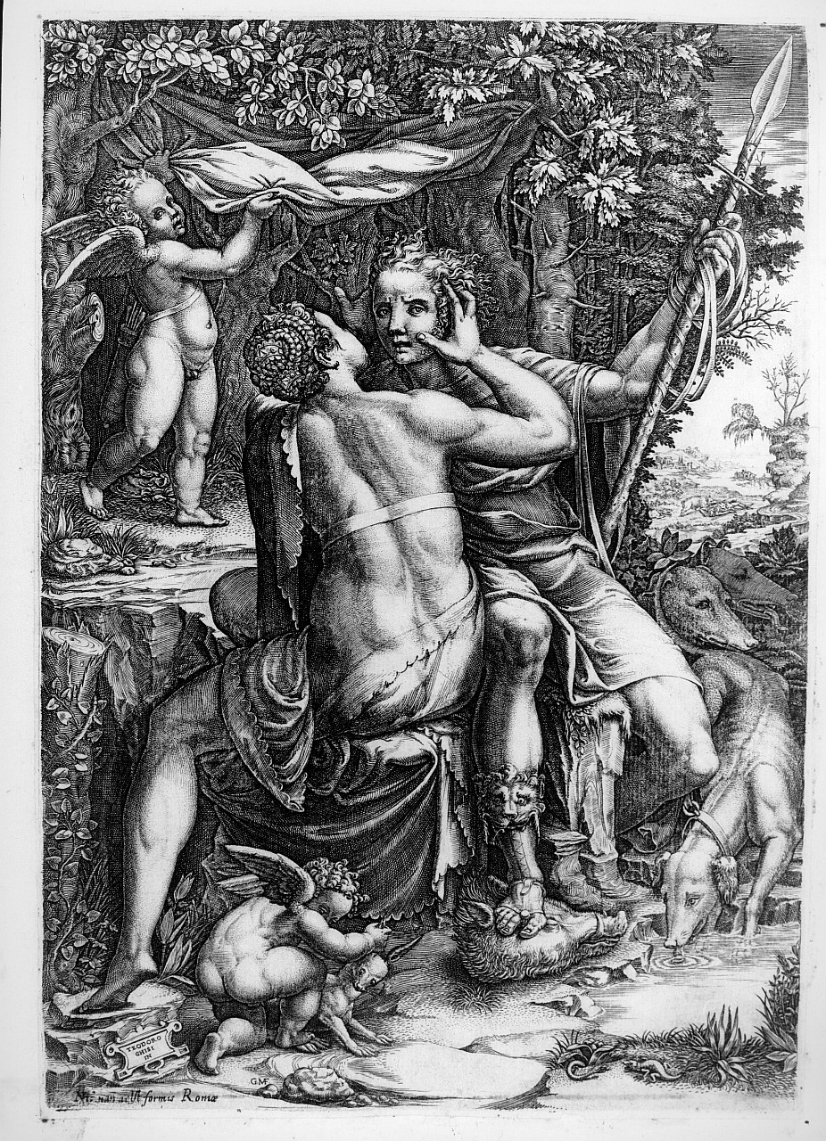 Venere e Adone (stampa) di Ghisi Giorgio, Ghisi Teodoro (sec. XVI)
