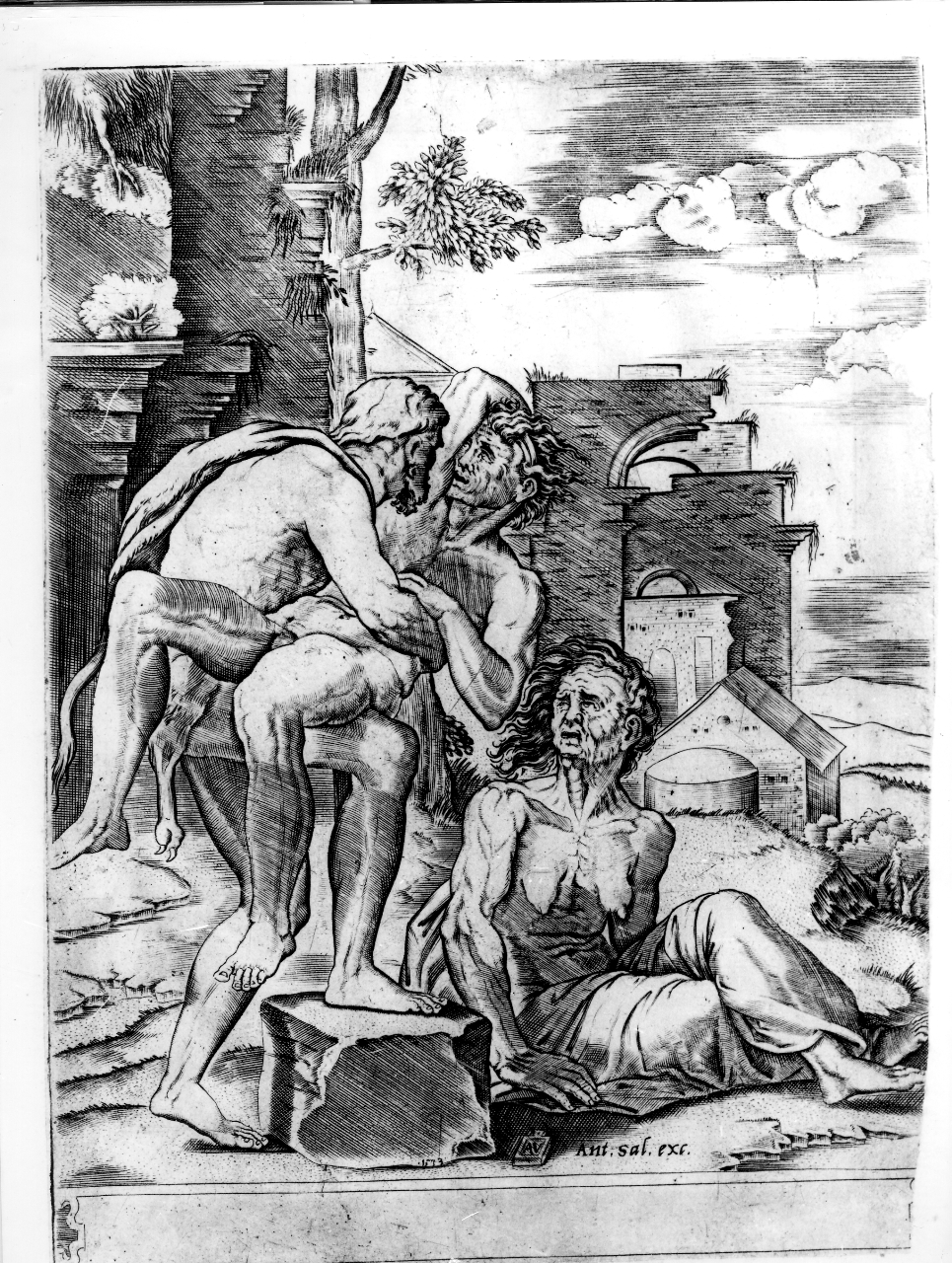 Ercole e Anteo (stampa smarginata, serie) di Pippi Giulio detto Giulio Romano, De Musi Agostino detto Agostino Veneziano (secondo quarto sec. XVI)
