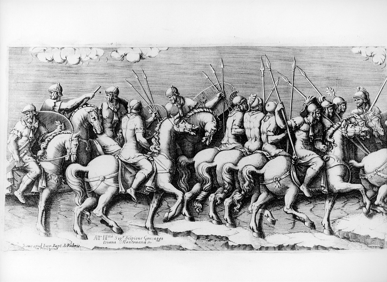 soldati a cavallo (stampa smarginata, serie) di Pippi Giulio detto Giulio Romano, Scultori Diana detta Diana Mantovana Civis Volaterrana (seconda metà sec. XVII)