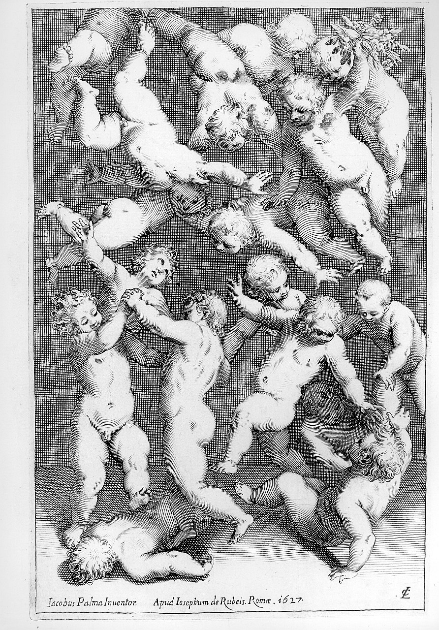 putti che giocano (stampa smarginata) di Negretti Jacopo detto Jacopo Palma il Giovane - ambito romano (sec. XVII)