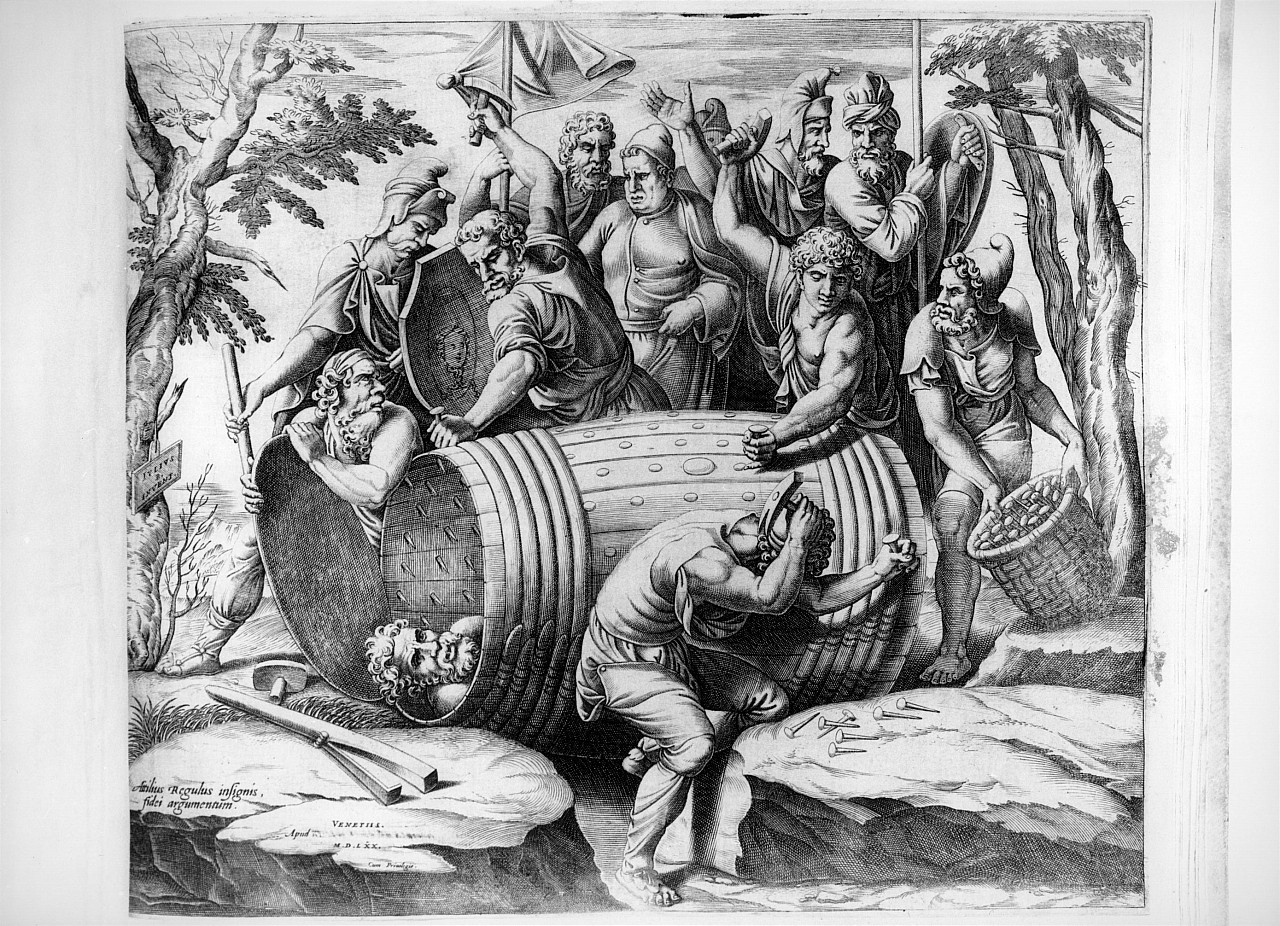 Attilio Regolo rinchiuso nella botte (stampa smarginata) di Pippi Giulio detto Giulio Romano, Scultori Giovan Battista (sec. XVI)