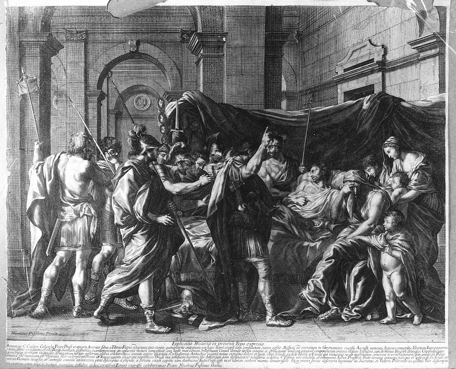 morte di Tiberio (stampa smarginata) di Poussin Nicolas - ambito francese (terzo quarto sec. XVII)